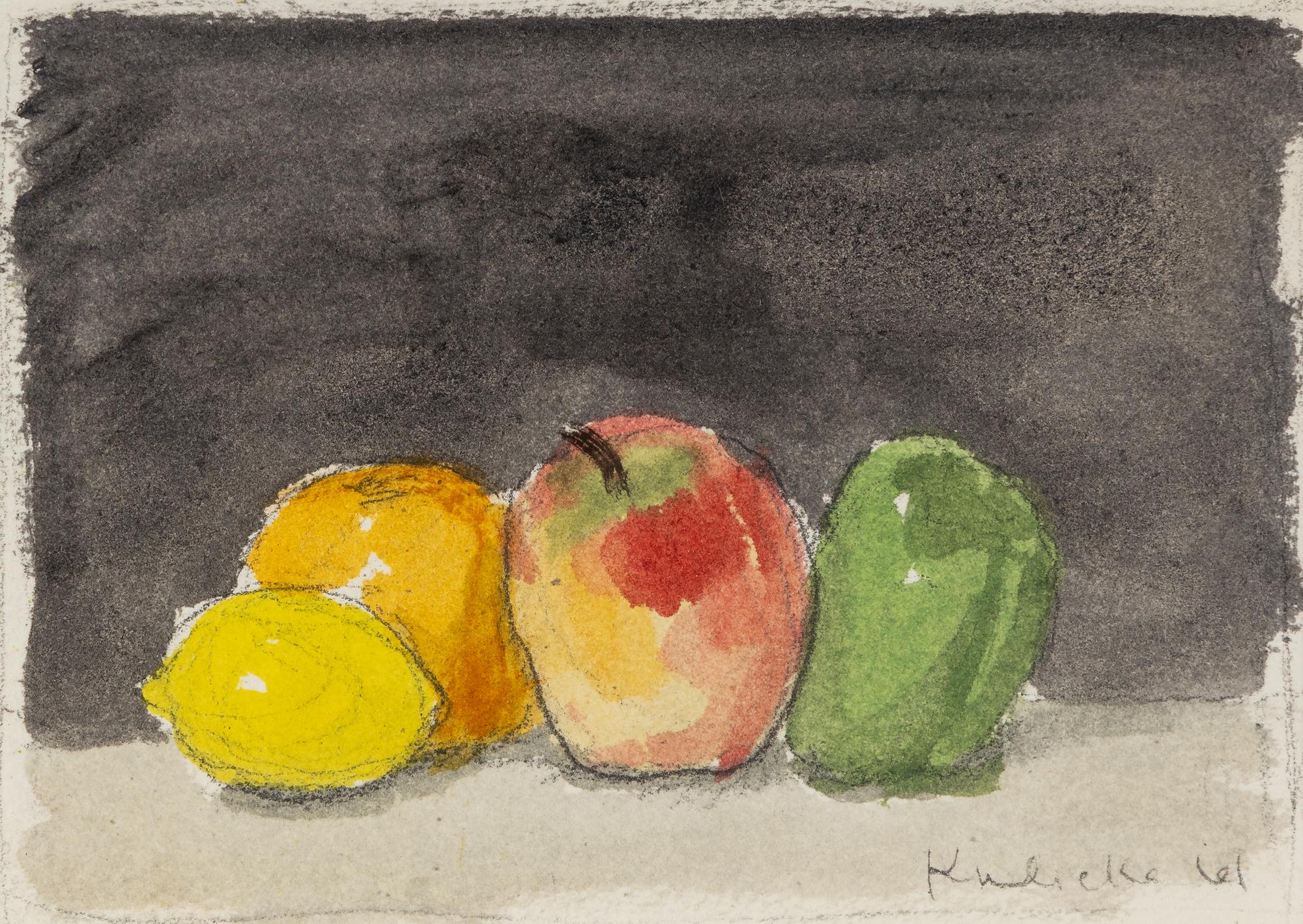 Fruit with Black Background and Green Pear and Red Apple (Two Works), 1961