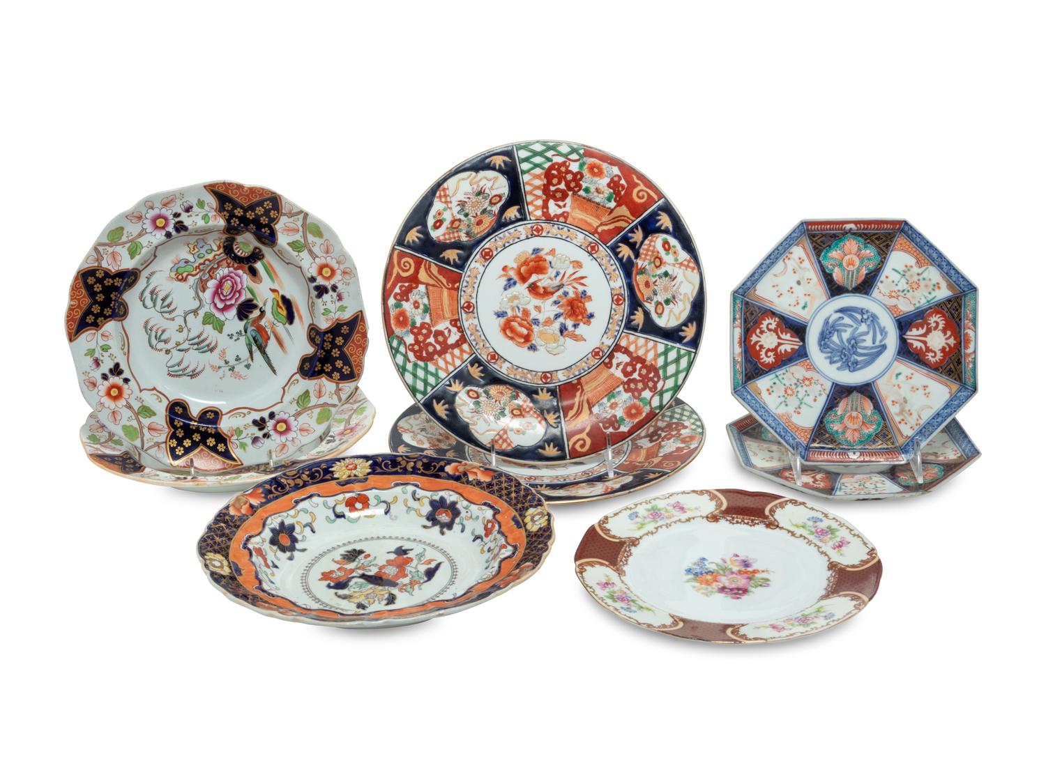 A Group of Five Imari Palette Porcelain Plates, together with Three English Plates