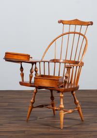 A D.R. Dimes Turned and Volute Carved Tiger Maple Windsor Three-Back Writing Armchair