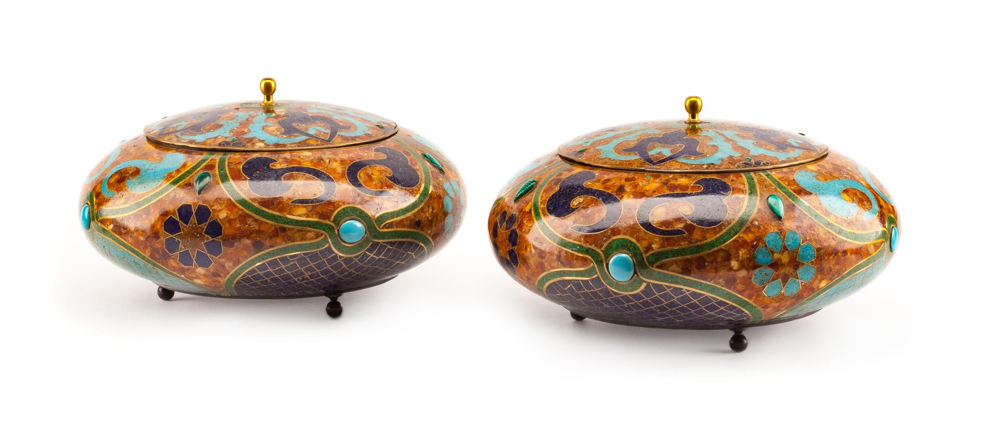 A Pair of Russian or Baltic Lapis, Turquoise, Amber and Malachite Inlaid Wood Bowls Height 7 1/8 x diameter 12 inches.