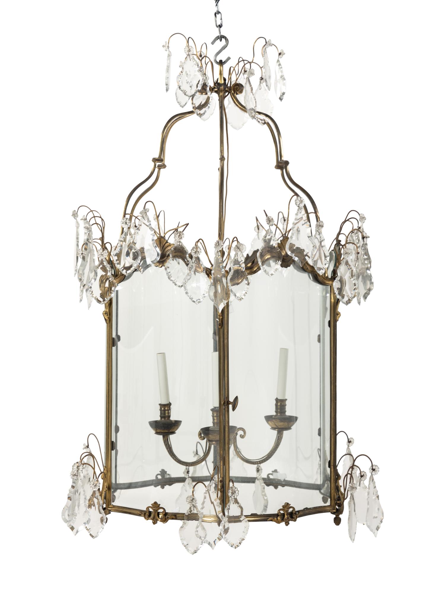 A Large French Gilt Bronze and Glass Hall Lantern