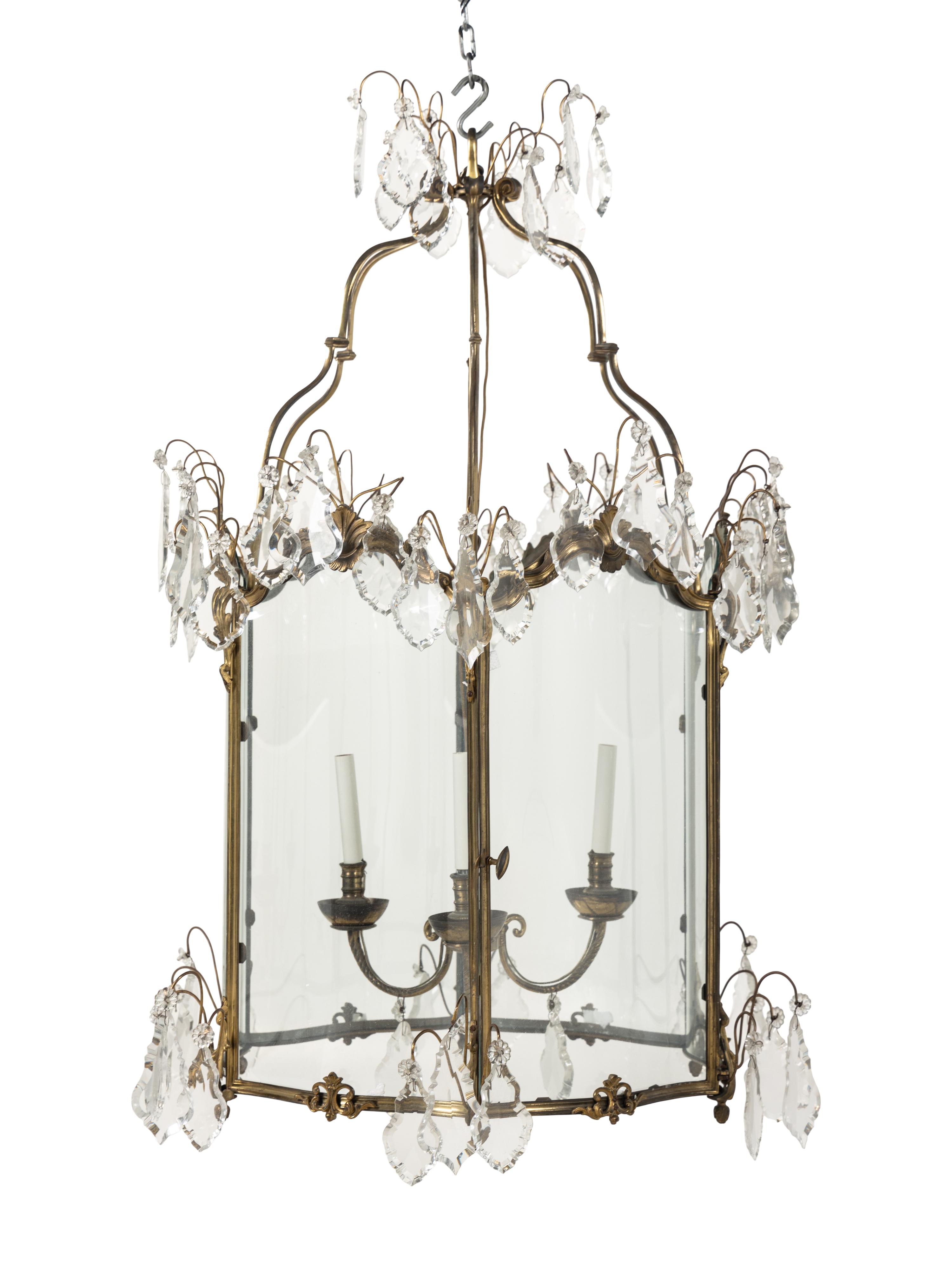 A Large French Gilt Bronze and Glass Hall Lantern