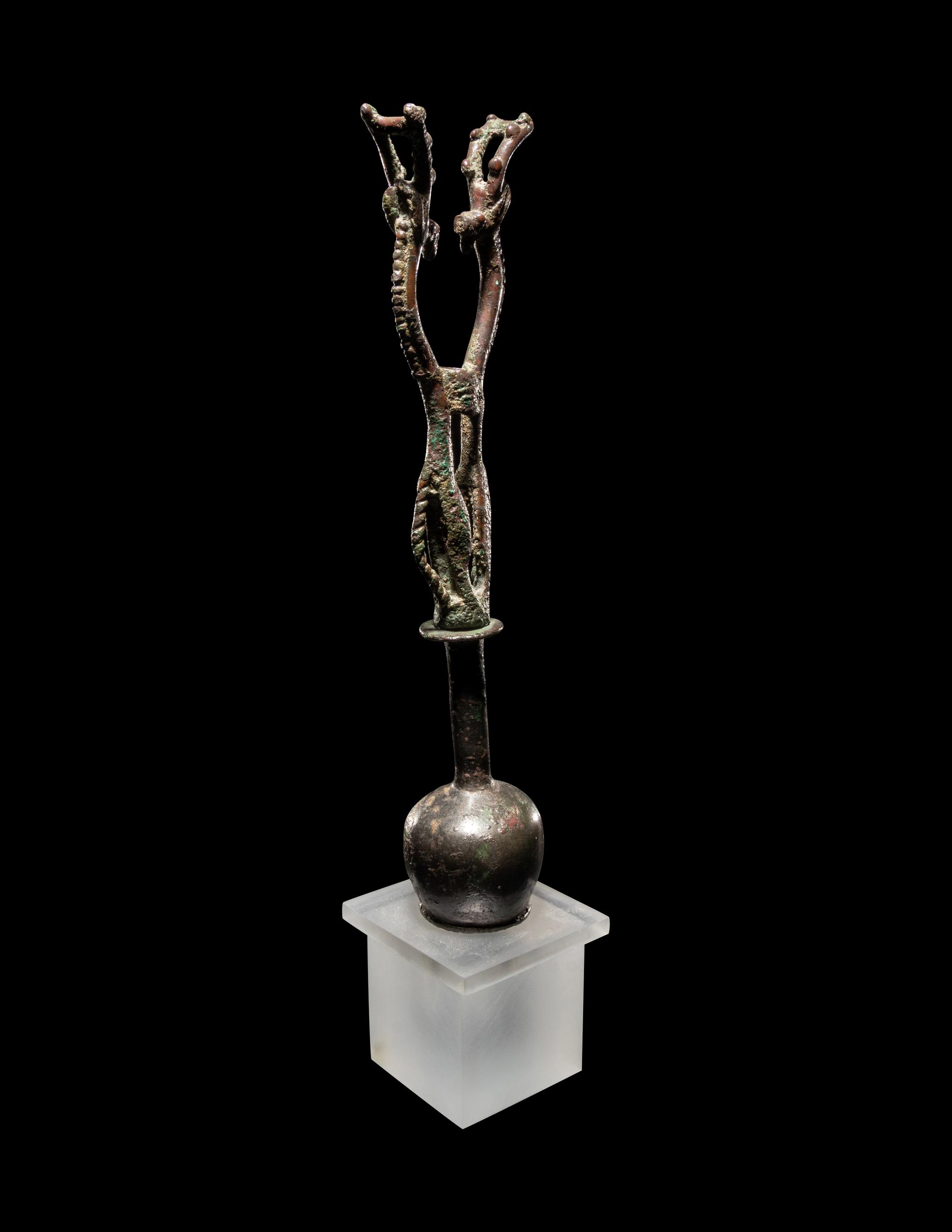 A Luristan Bronze Standard Finial with Two Ibexes