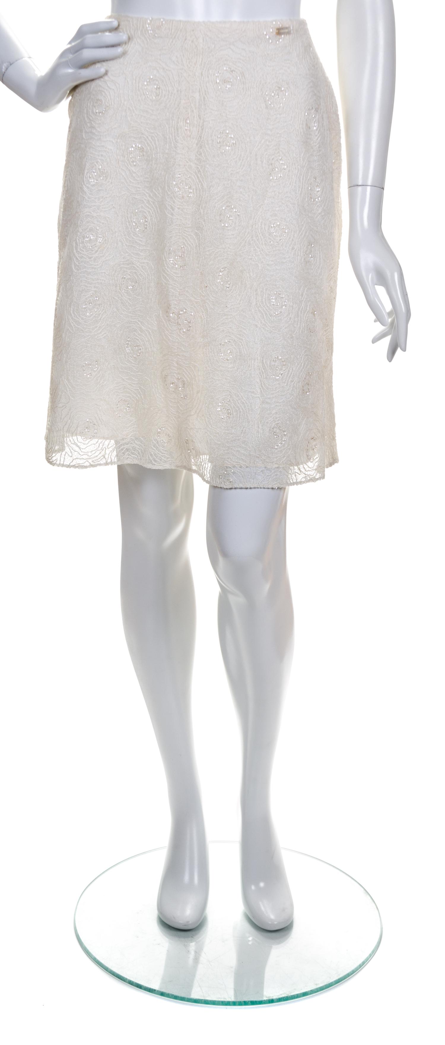 A Chanel Ivory Lace Beaded Skirt, Size 36.