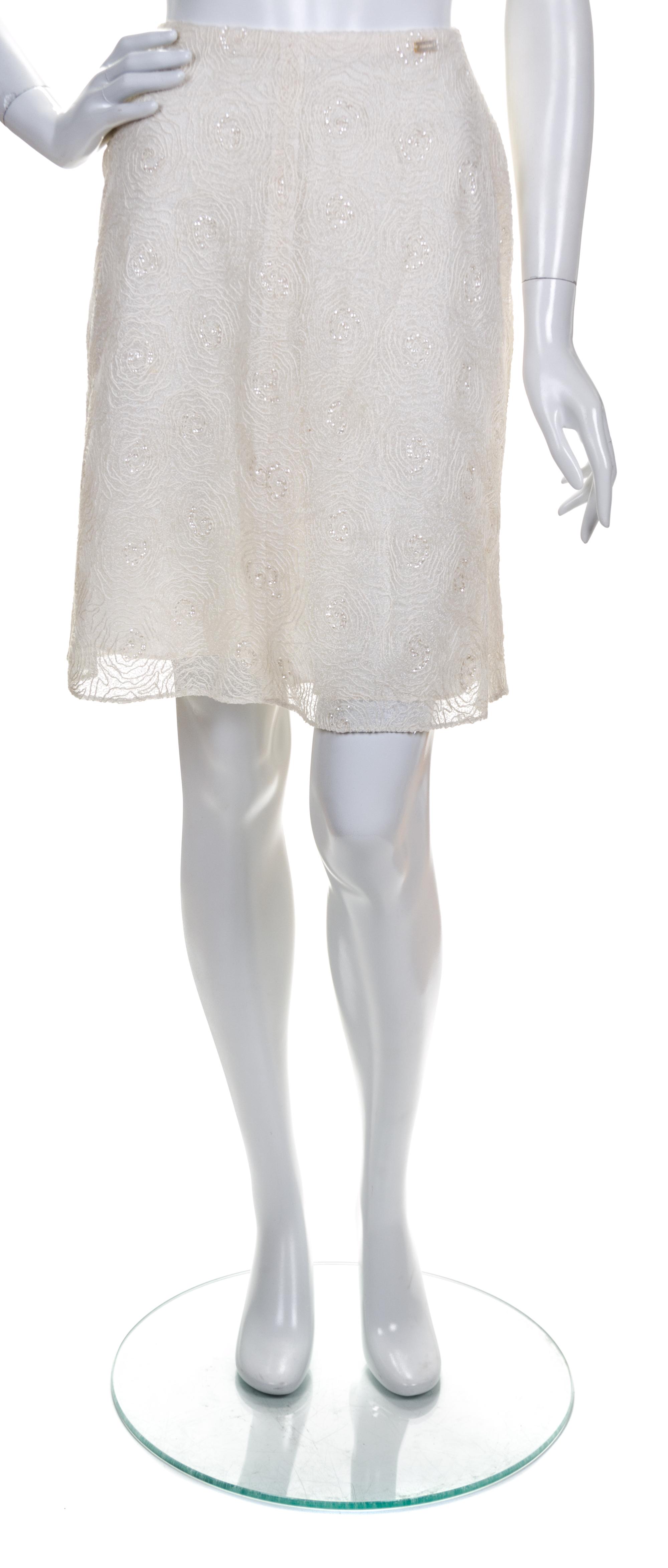 A Chanel Ivory Lace Beaded Skirt, Size 36.