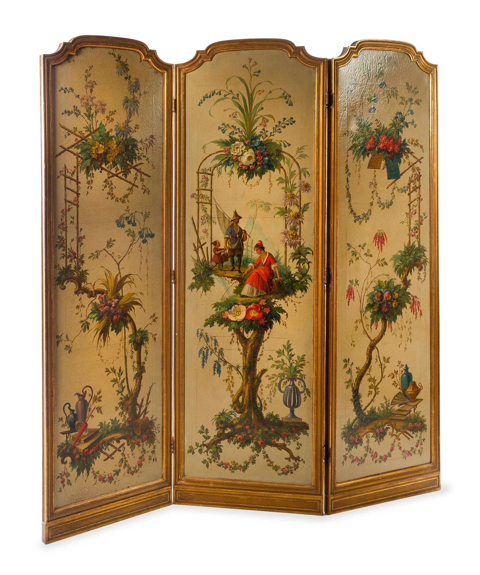 A Continental Painted Three-Panel Floor Screen Height 76 3/4 inches. — EARLY 19TH CENTURY