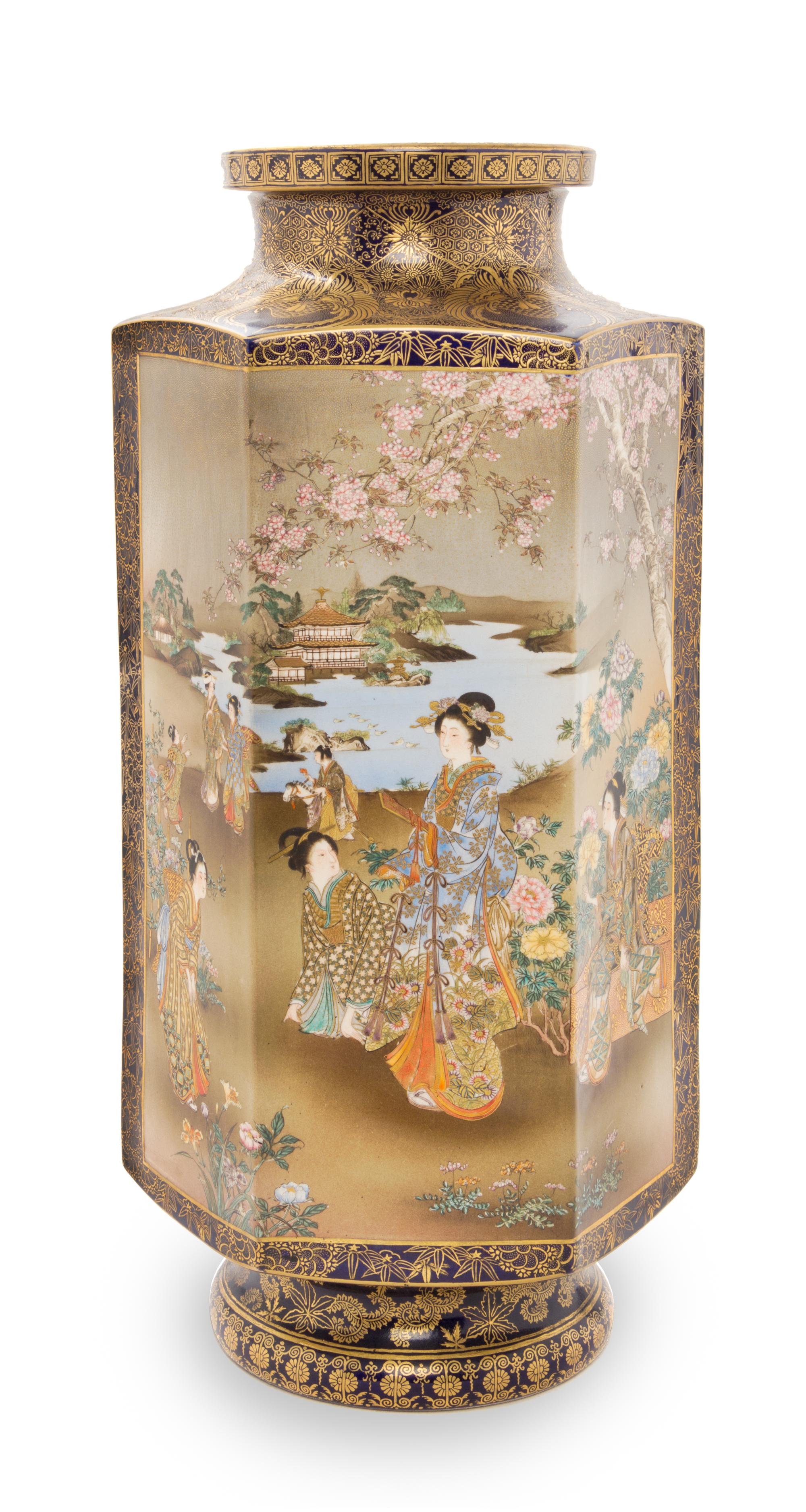 A Satsuma Hexagonal Vase Height 17 3/4 inches. — MARKED KINKOZAN TSUKURU