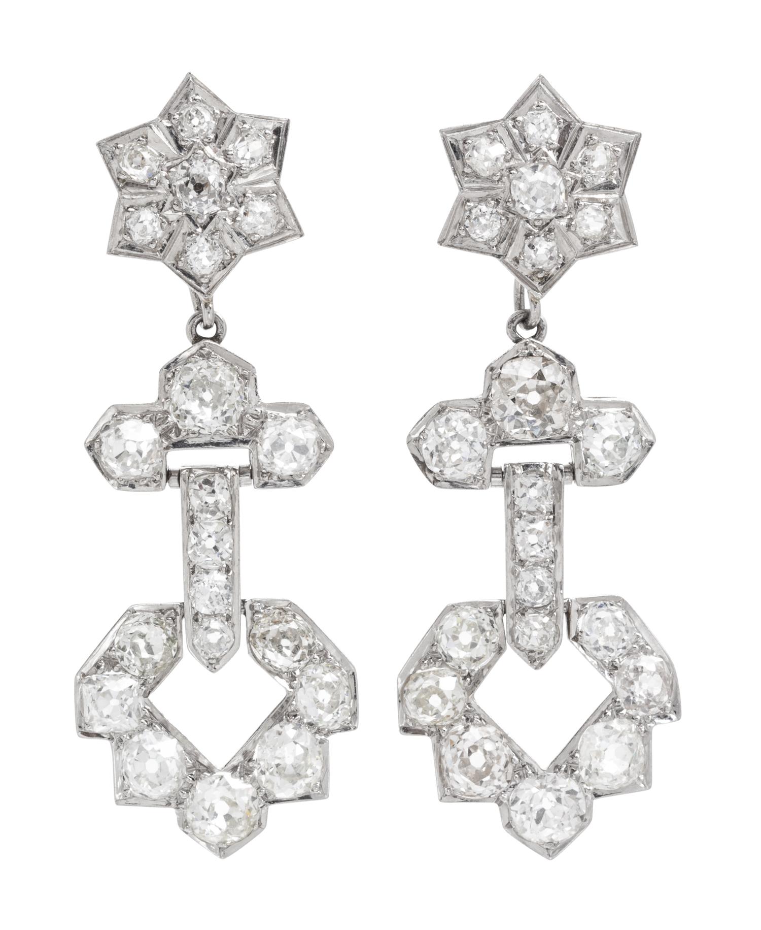 A Pair of Art Deco Platinum and Diamond Pendant Earrings, 8.00 dwts.