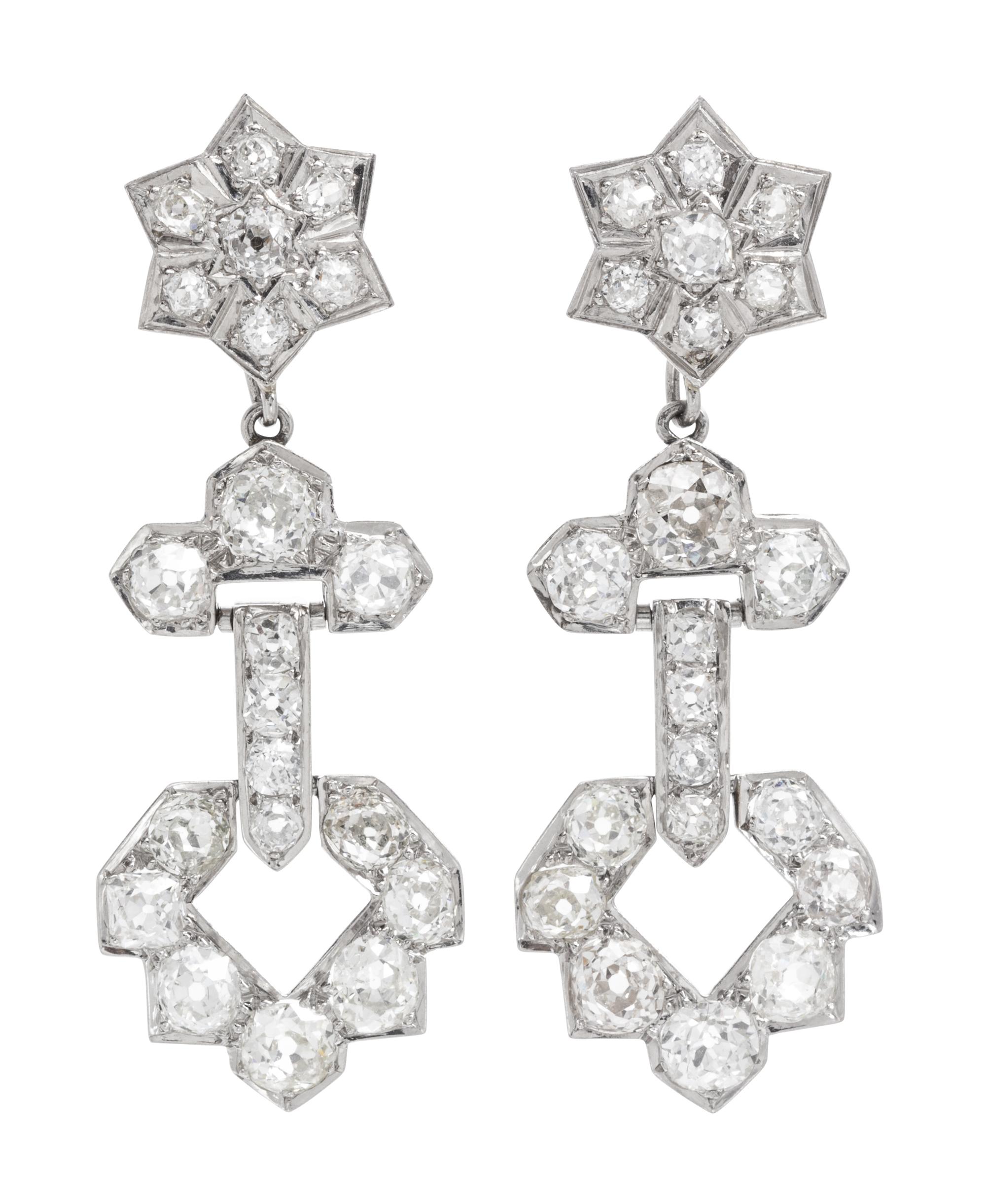 A Pair of Art Deco Platinum and Diamond Pendant Earrings, 8.00 dwts.