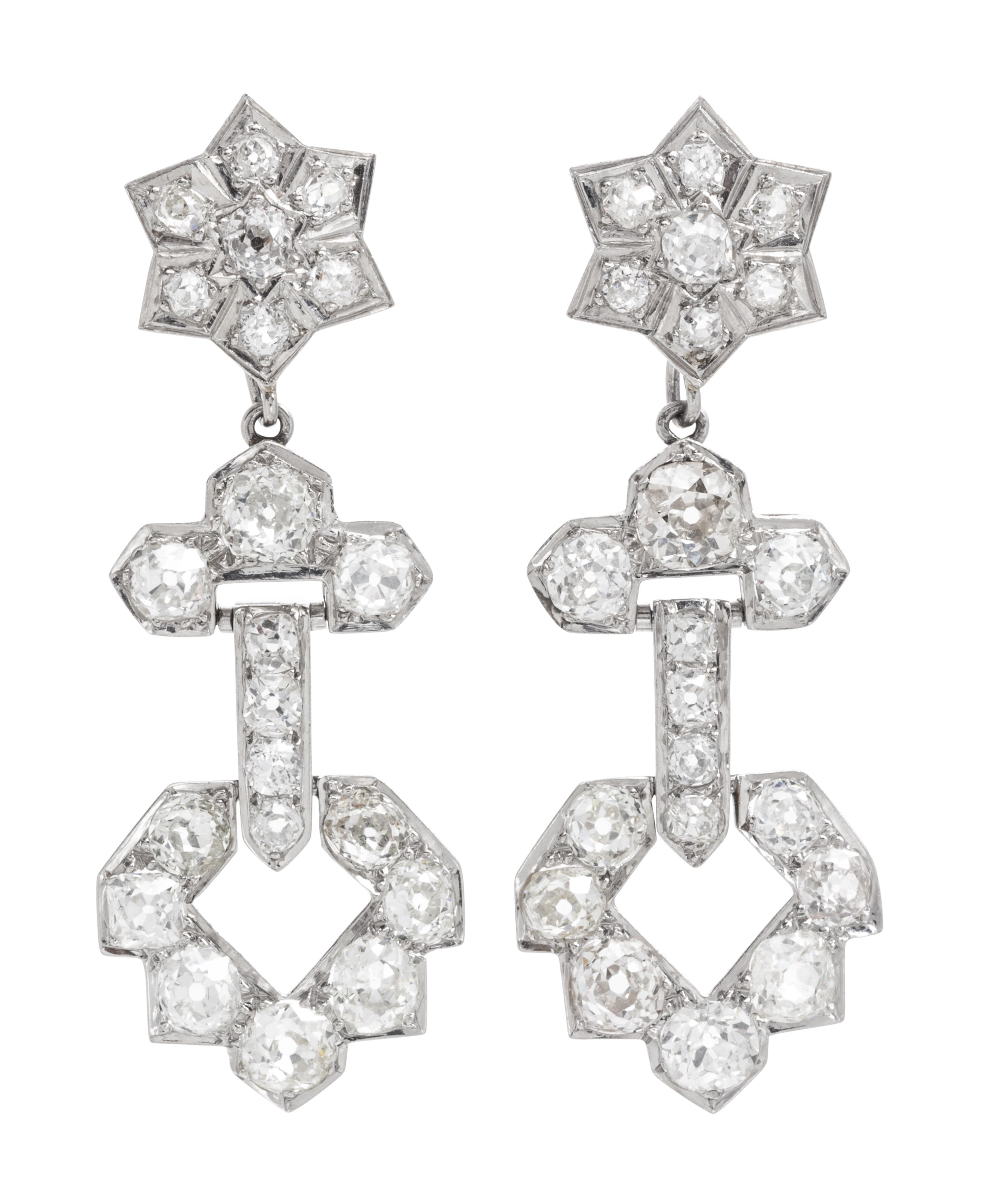 A Pair of Art Deco Platinum and Diamond Pendant Earrings, 8.00 dwts.