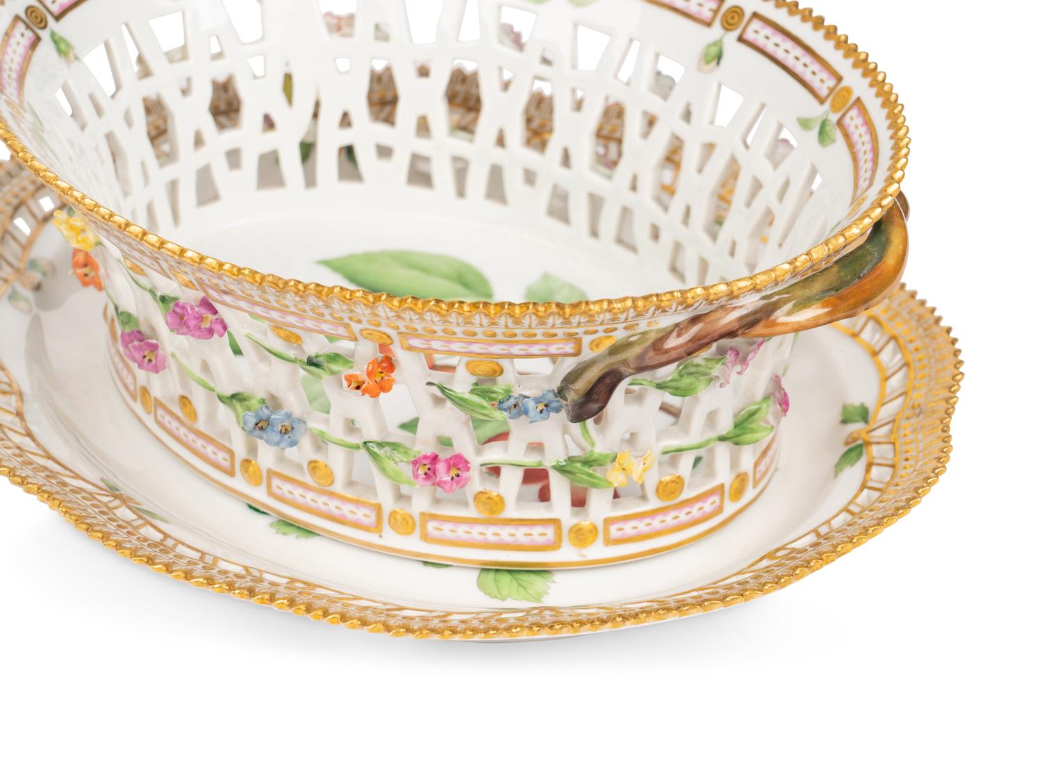 A Pair of Royal Copenhagen Flora Danica Reticulated Porcelain Oval Fruit Baskets and Stands