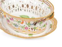 A Pair of Royal Copenhagen Flora Danica Reticulated Porcelain Oval Fruit Baskets and Stands