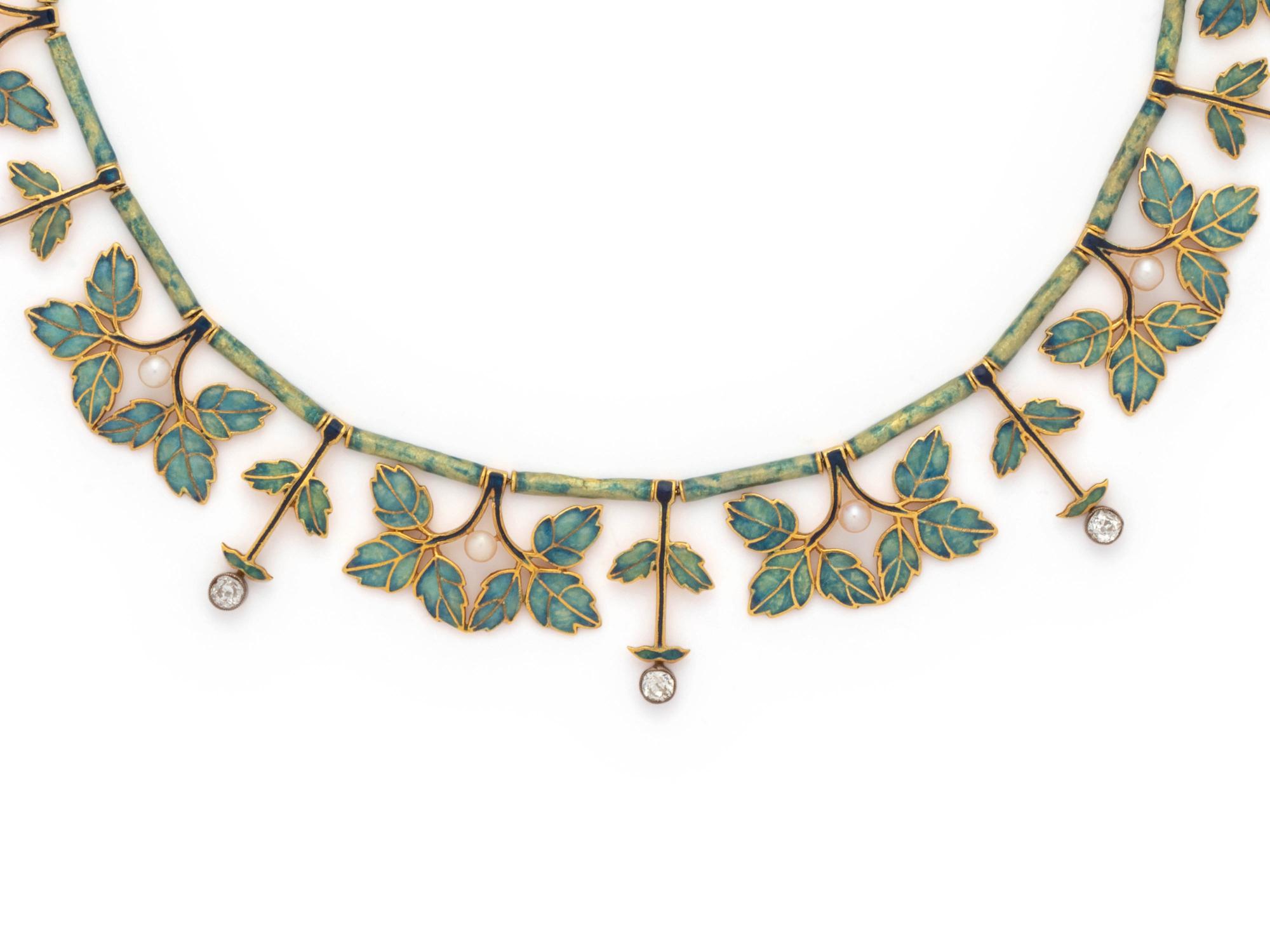 EVELYN CLOTHIER, DIAMOND, CULTURED PEARL AND ENAMEL NECKLACE