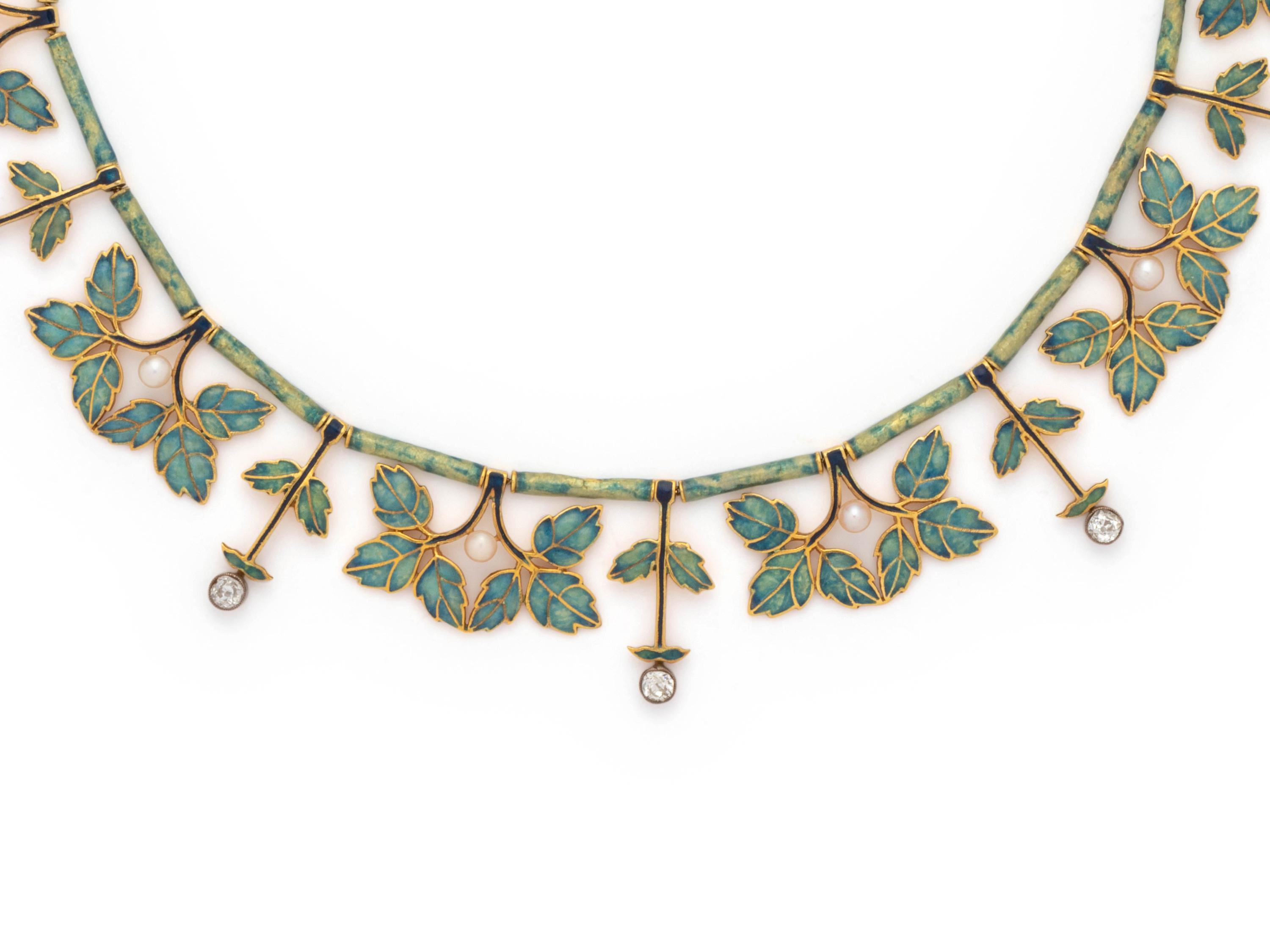 EVELYN CLOTHIER, DIAMOND, CULTURED PEARL AND ENAMEL NECKLACE