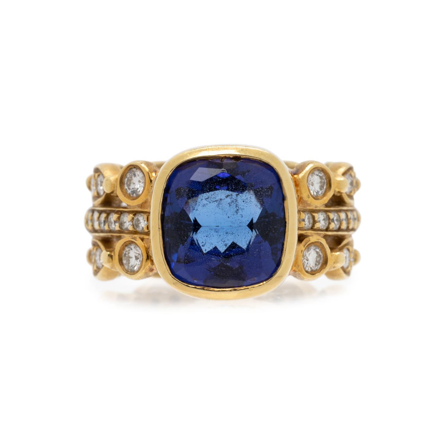 DORIS PANOS YELLOW GOLD, TANZANITE AND DIAMOND RING