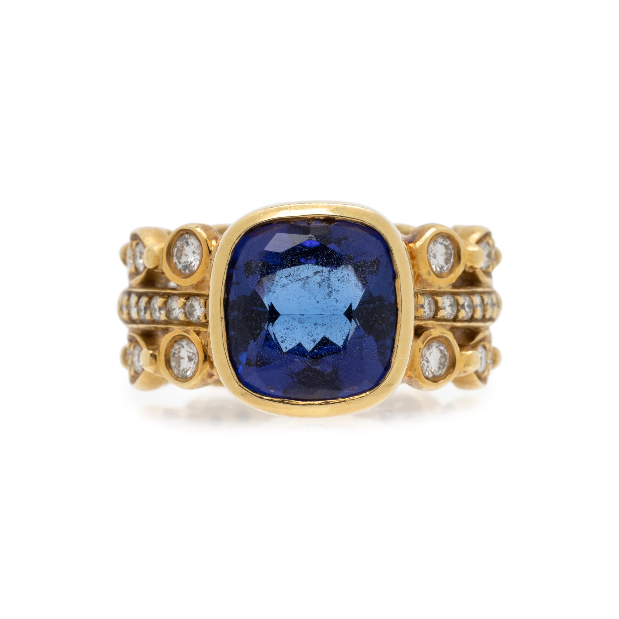 DORIS PANOS YELLOW GOLD, TANZANITE AND DIAMOND RING