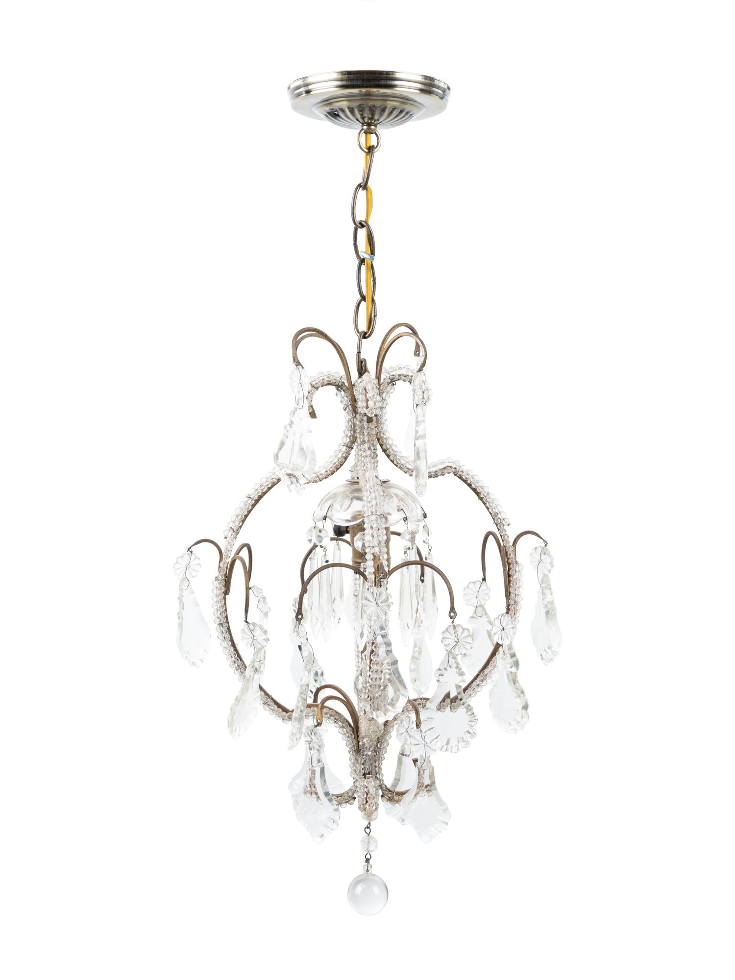 A Silvered Metal and Glass-Beaded Single-Light Chandelier