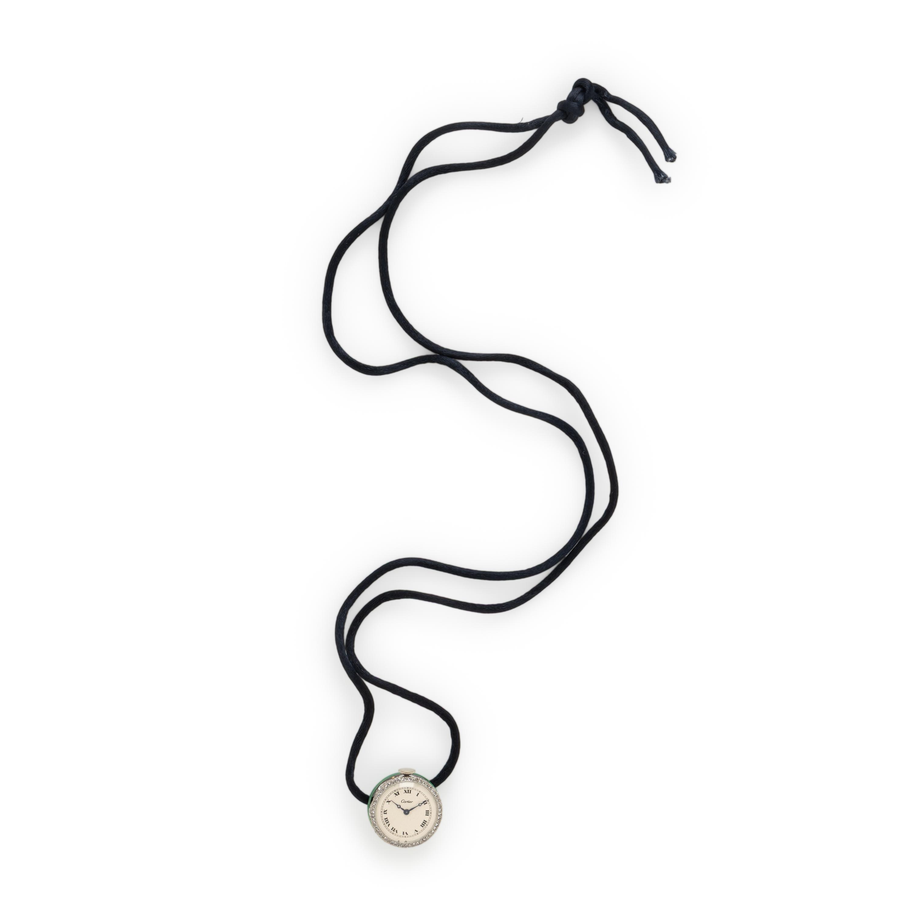 Cartier, Art Deco, Diamond, Carved Jade, and Enamel Pendant Watch