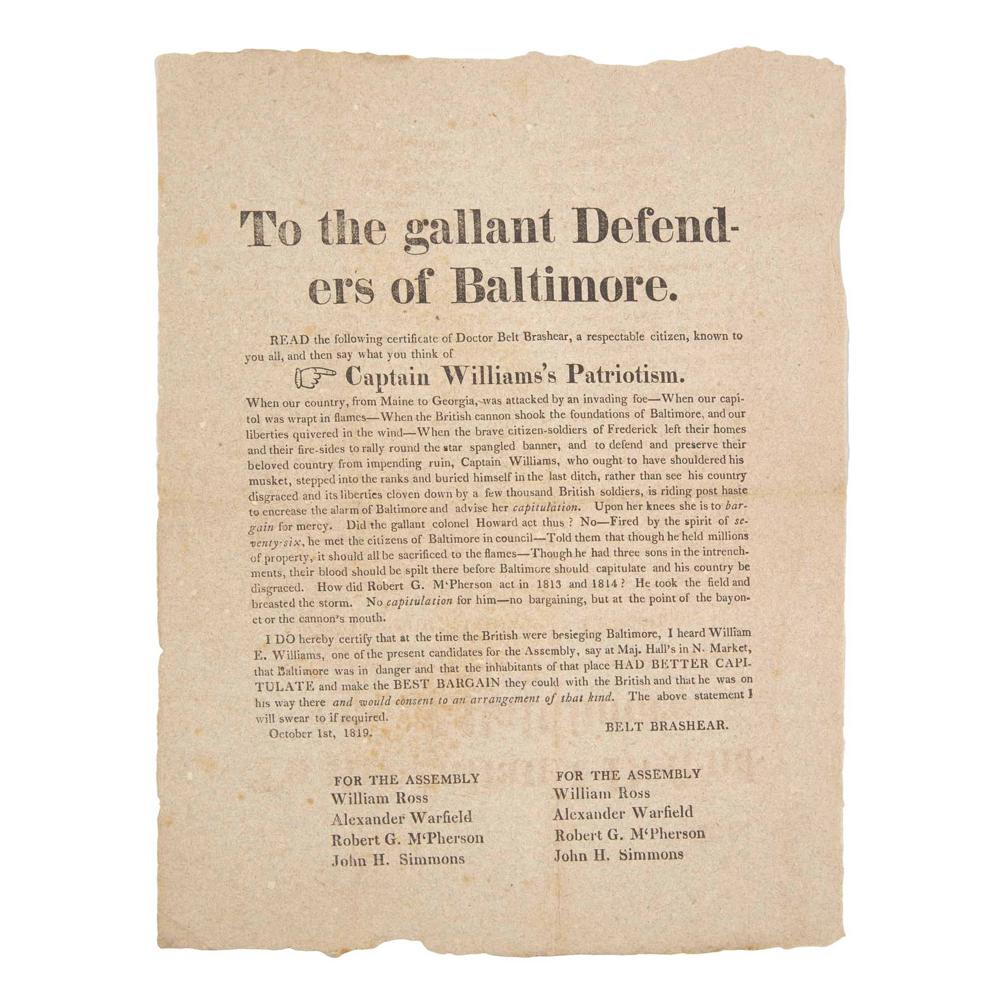 [Americana] [War of 1812] To the gallant Defenders of Baltimore