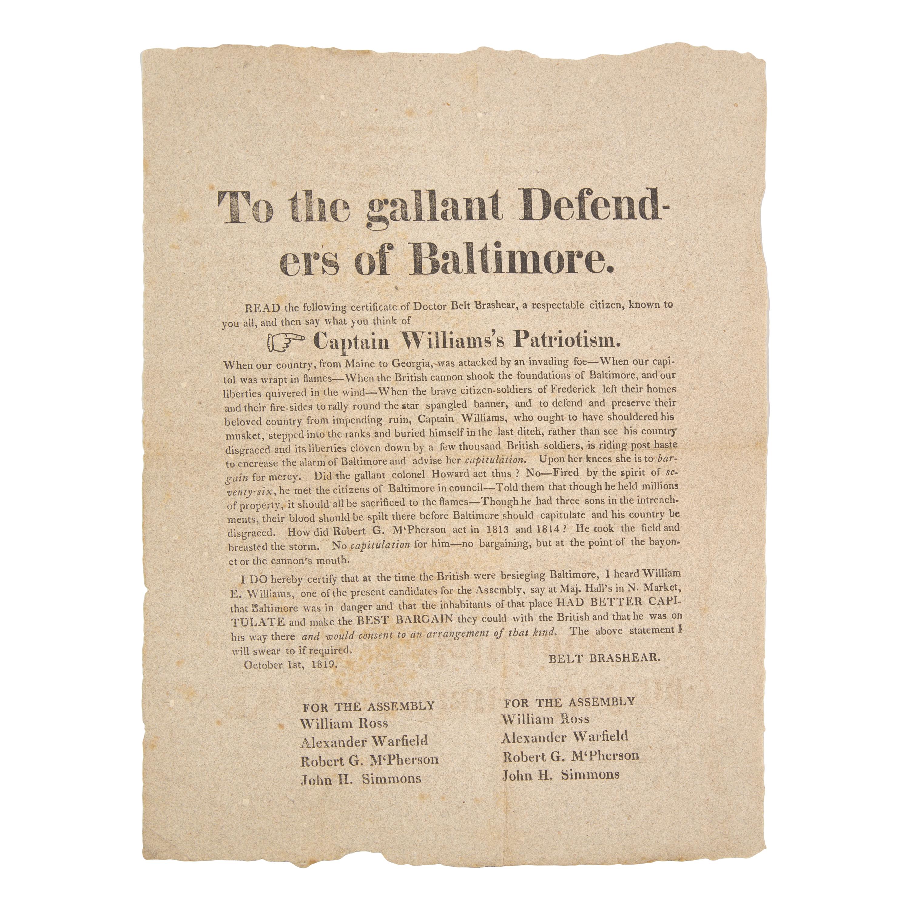 [Americana] [War of 1812] To the gallant Defenders of Baltimore