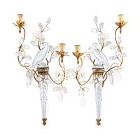 A Pair of Gilt Metal and Rock Crystal Two-Light Sconces