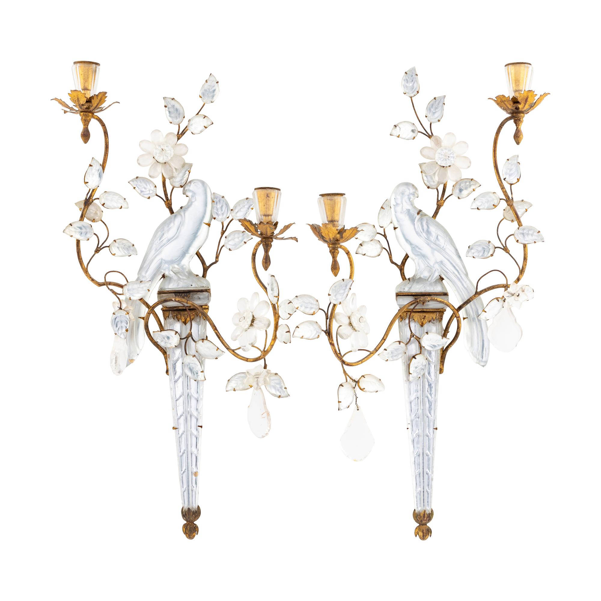 A Pair of Gilt Metal and Rock Crystal Two-Light Sconces