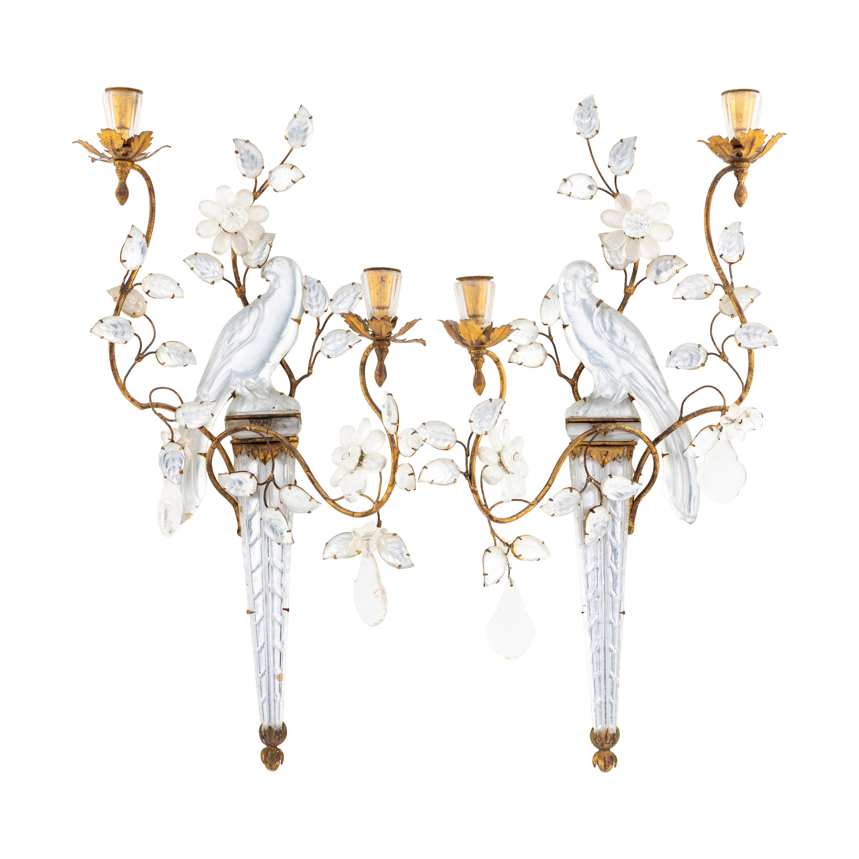 A Pair of Gilt Metal and Rock Crystal Two-Light Sconces