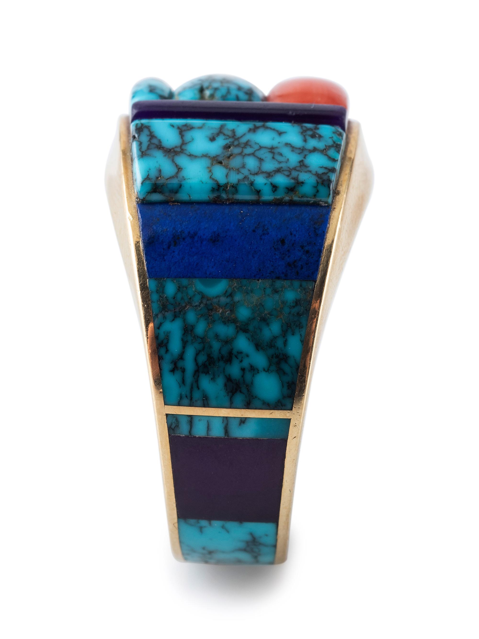 18K Gold Ring, Set with Turquoise, Coral, Lapis, and Sugilite