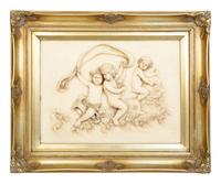 Four Faux Marble Resin Bas Relief Panels of Putti and Classical Figures