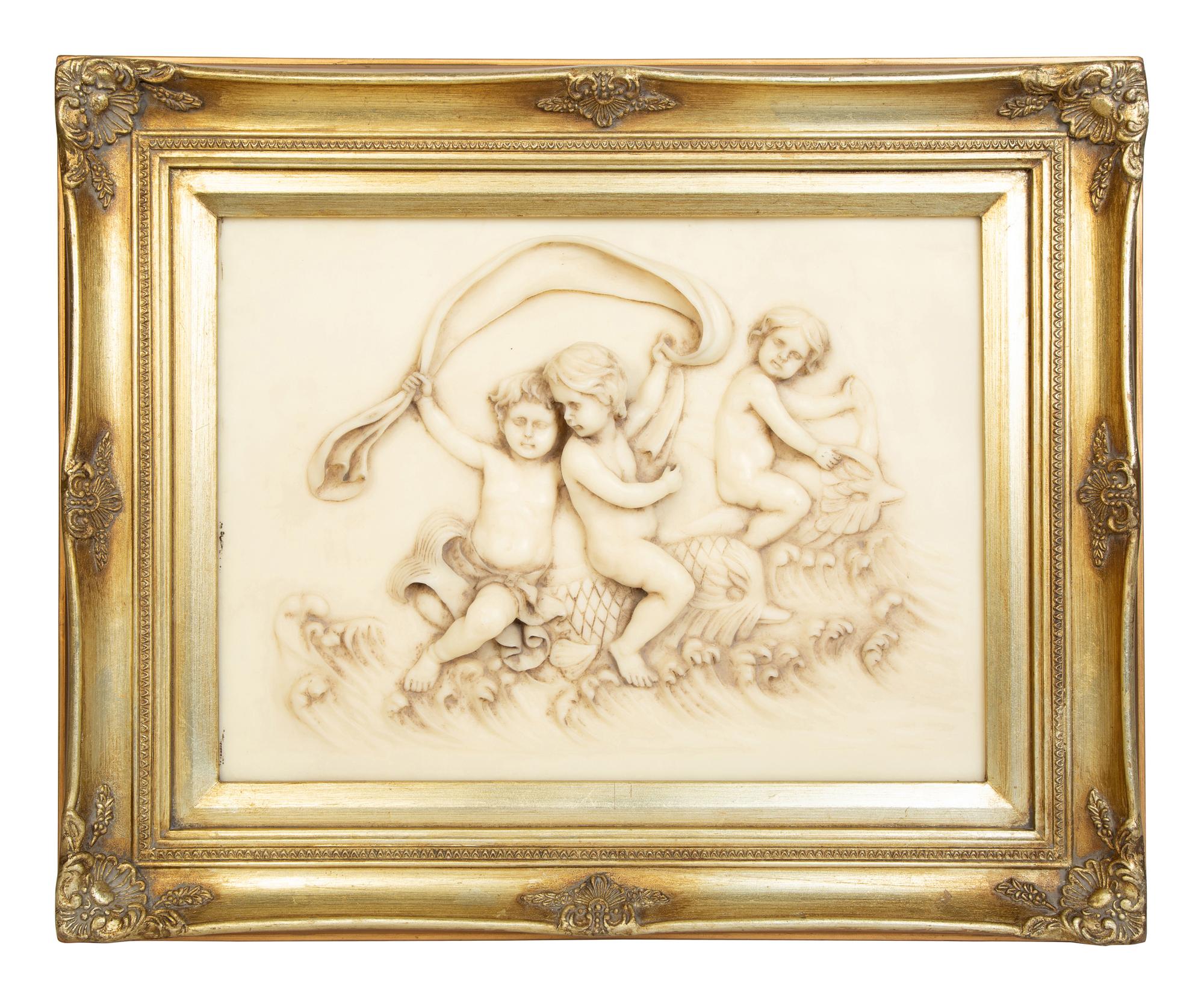Four Faux Marble Resin Bas Relief Panels of Putti and Classical Figures