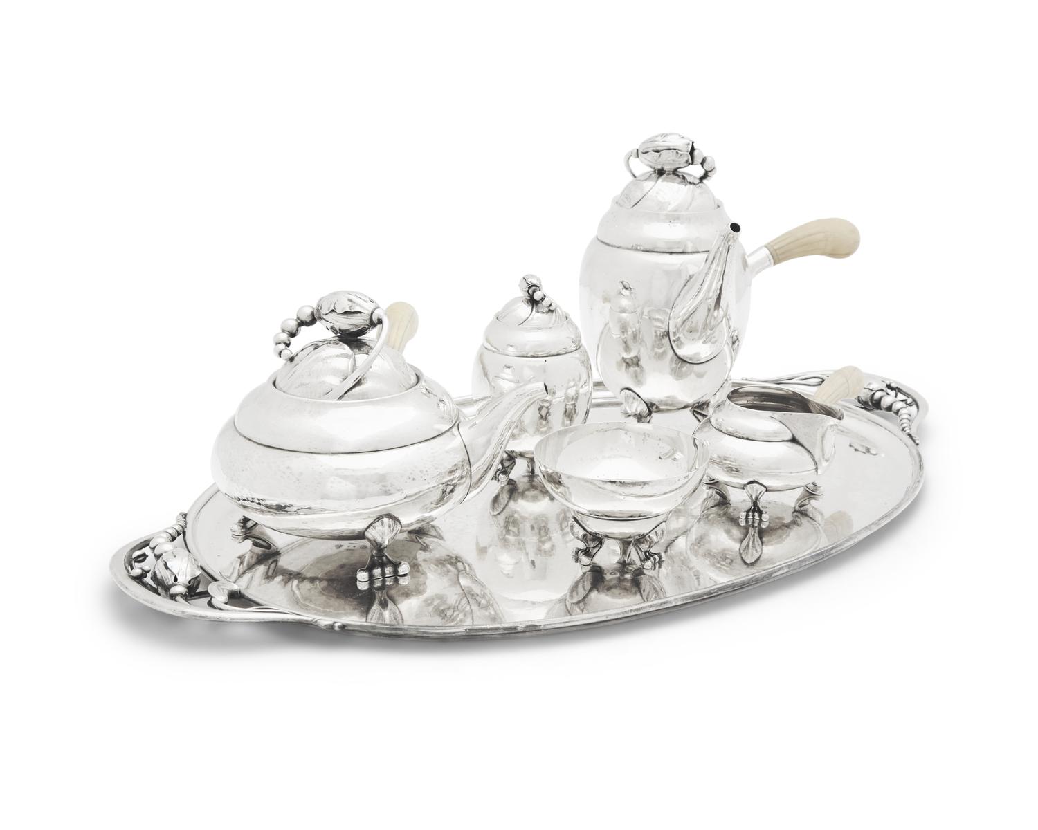 A Georg Jensen Silver Blossom Pattern Six-Piece Tea and Coffee Service