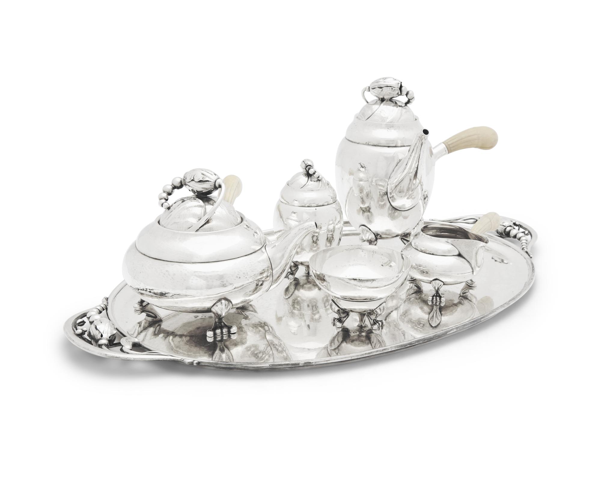 A Georg Jensen Silver Blossom Pattern Six-Piece Tea and Coffee Service