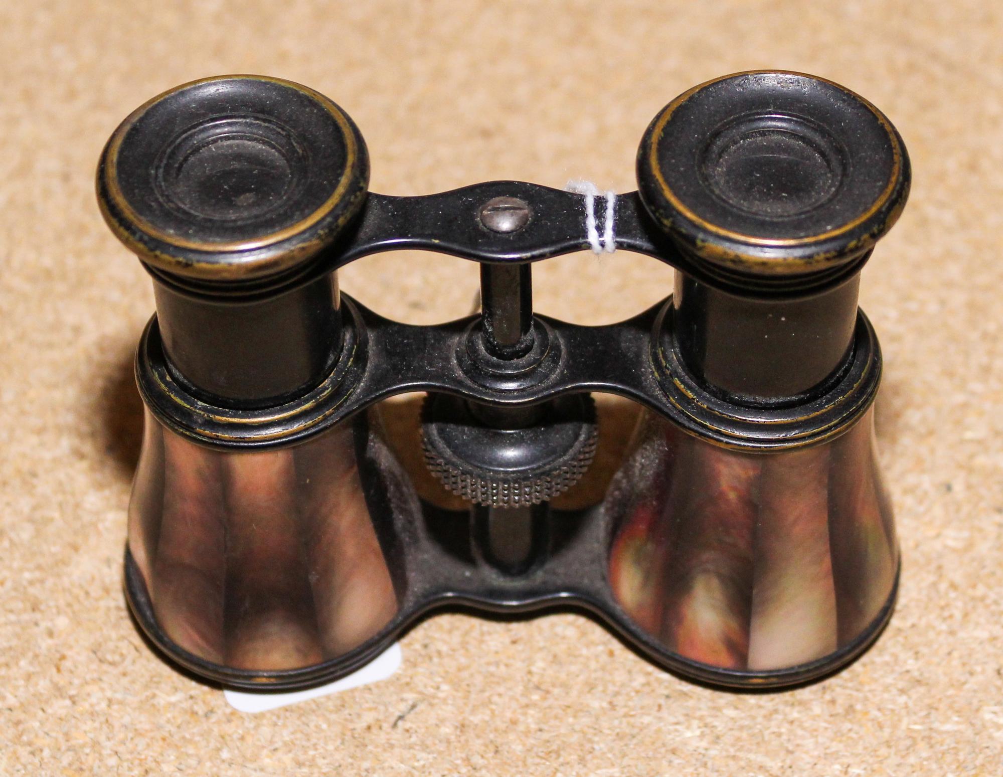 A Pair of Abalone Veneered Opera Glasses Height 3 1/8 inches. — FIRST HALF 20TH CENTURY