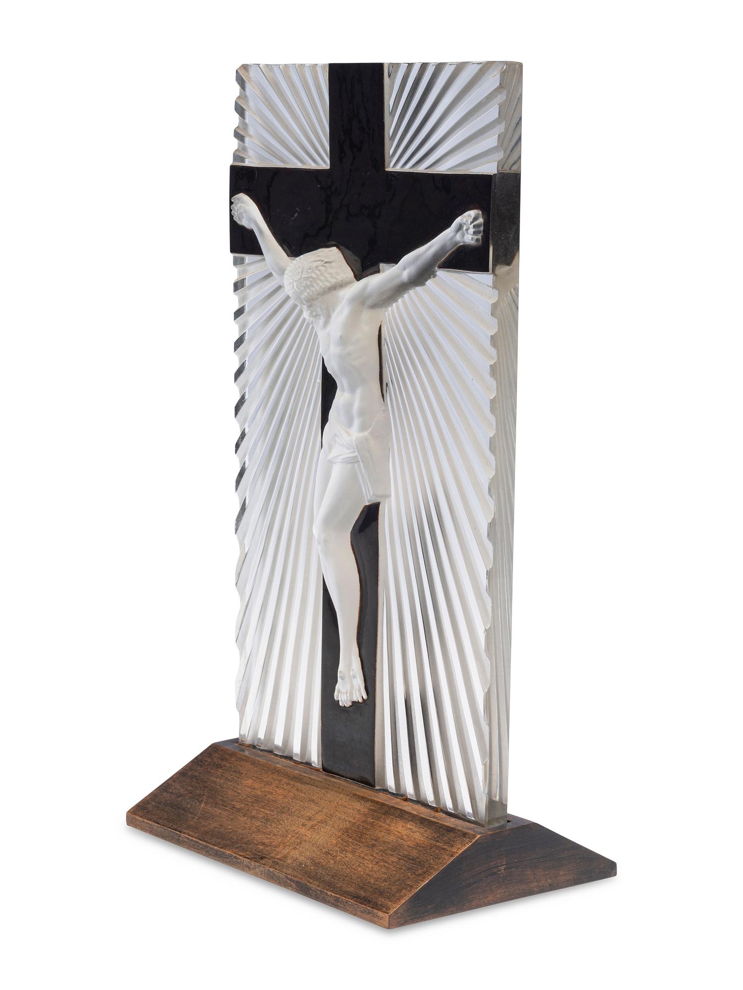 A Lalique Frosted Glass and Enamel Crucifix