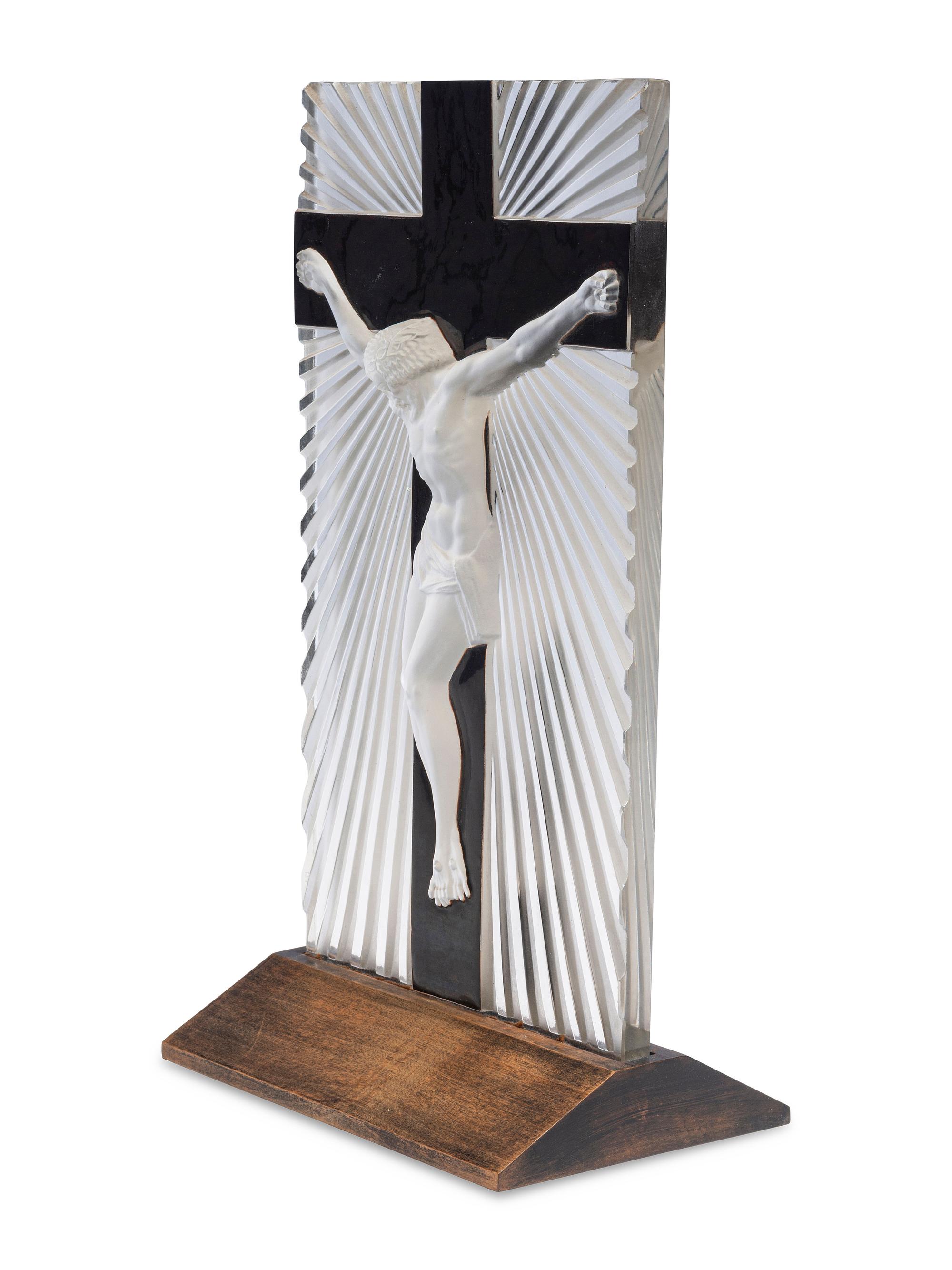 A Lalique Frosted Glass and Enamel Crucifix