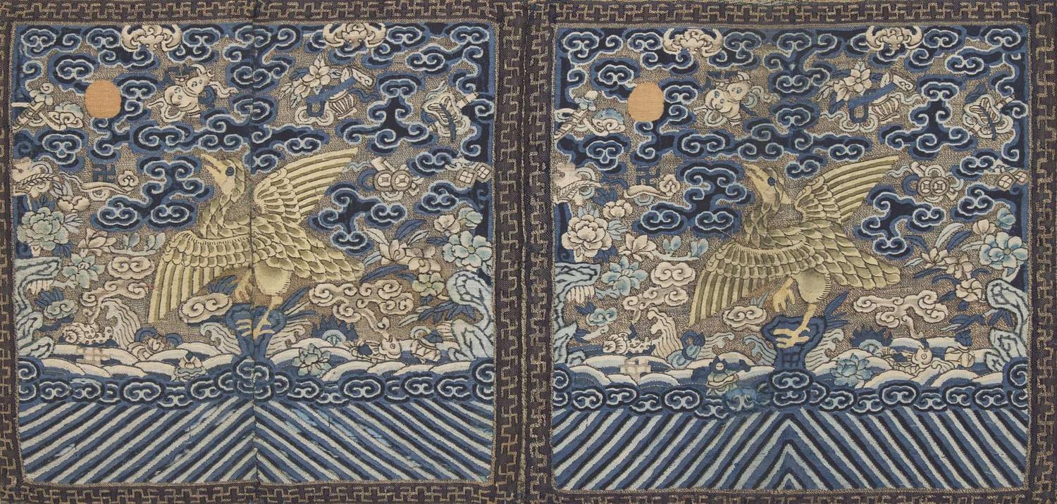 A pair of Chinese kesi tapestry rank badges, Qing Dynasty 緙絲補子一對 清