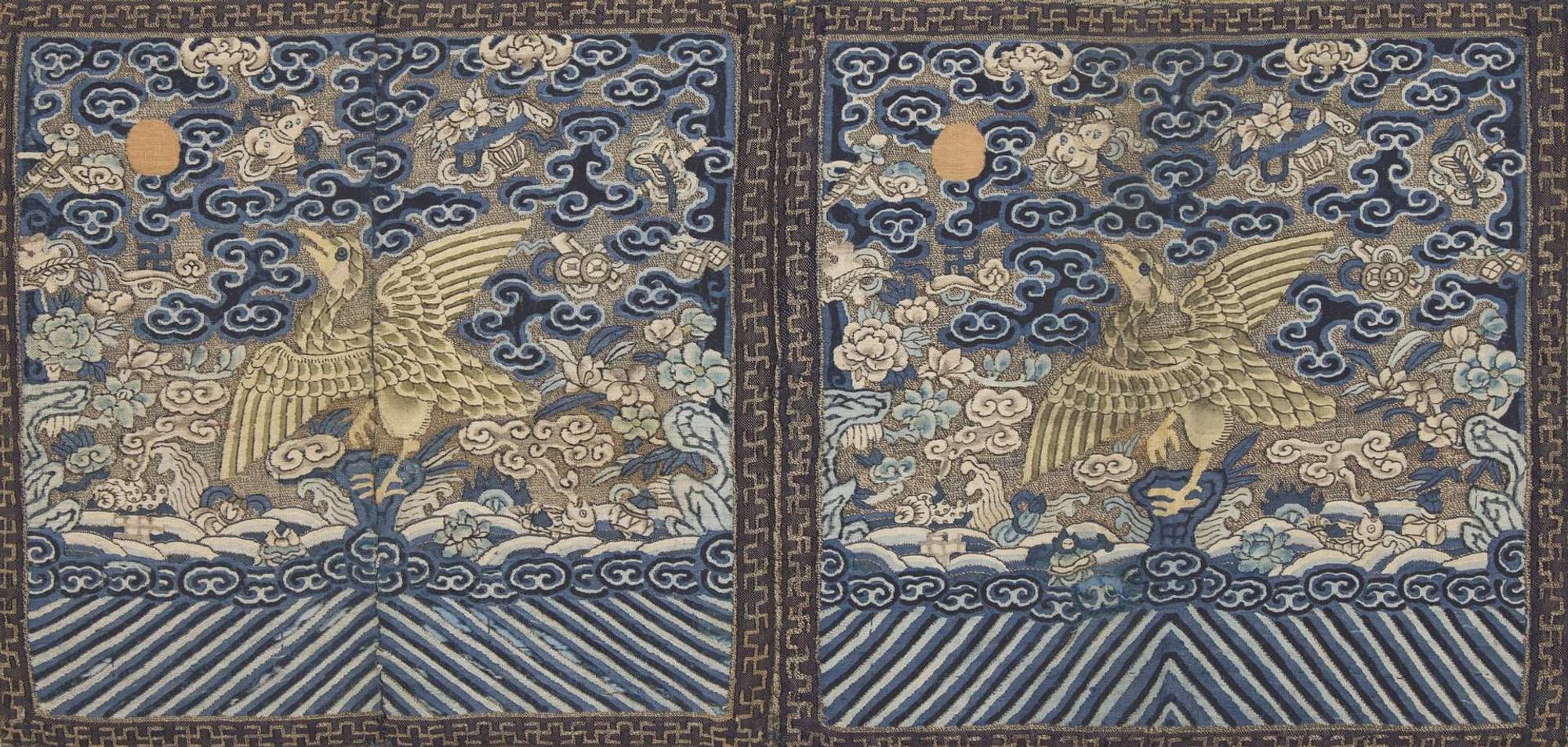 A pair of Chinese kesi tapestry rank badges, Qing Dynasty 緙絲補子一對 清