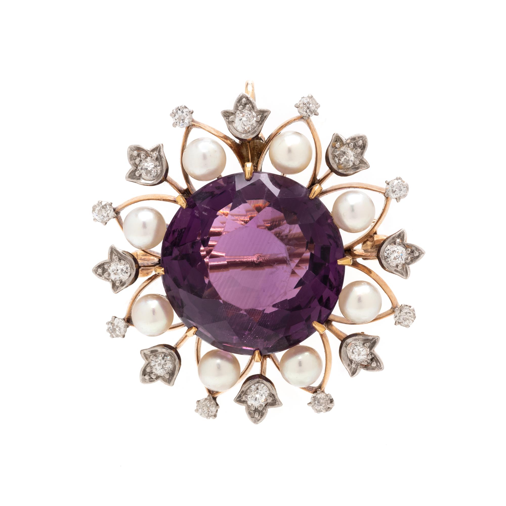 AMETHYST, CULTURED PEARL AND DIAMOND PENDANT/BROOCH