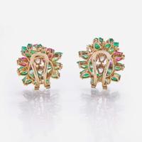 A Pair of 14K Yellow Gold and Gemstone Ear Clips