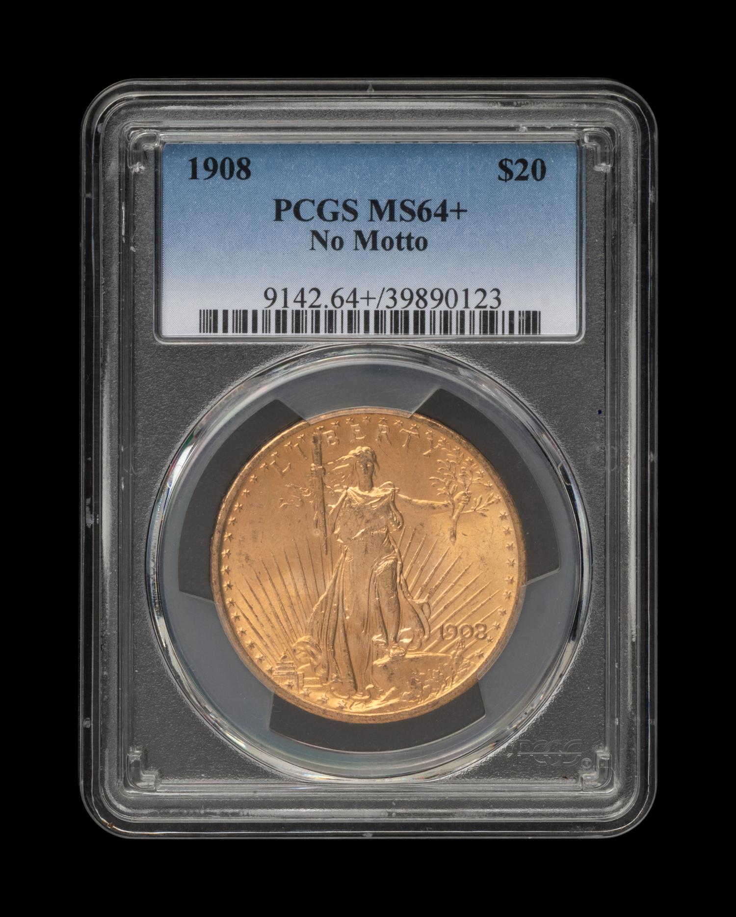 A 1908 Saint Gaudens: No Motto $20 Gold Coin (PCGS MS64+)