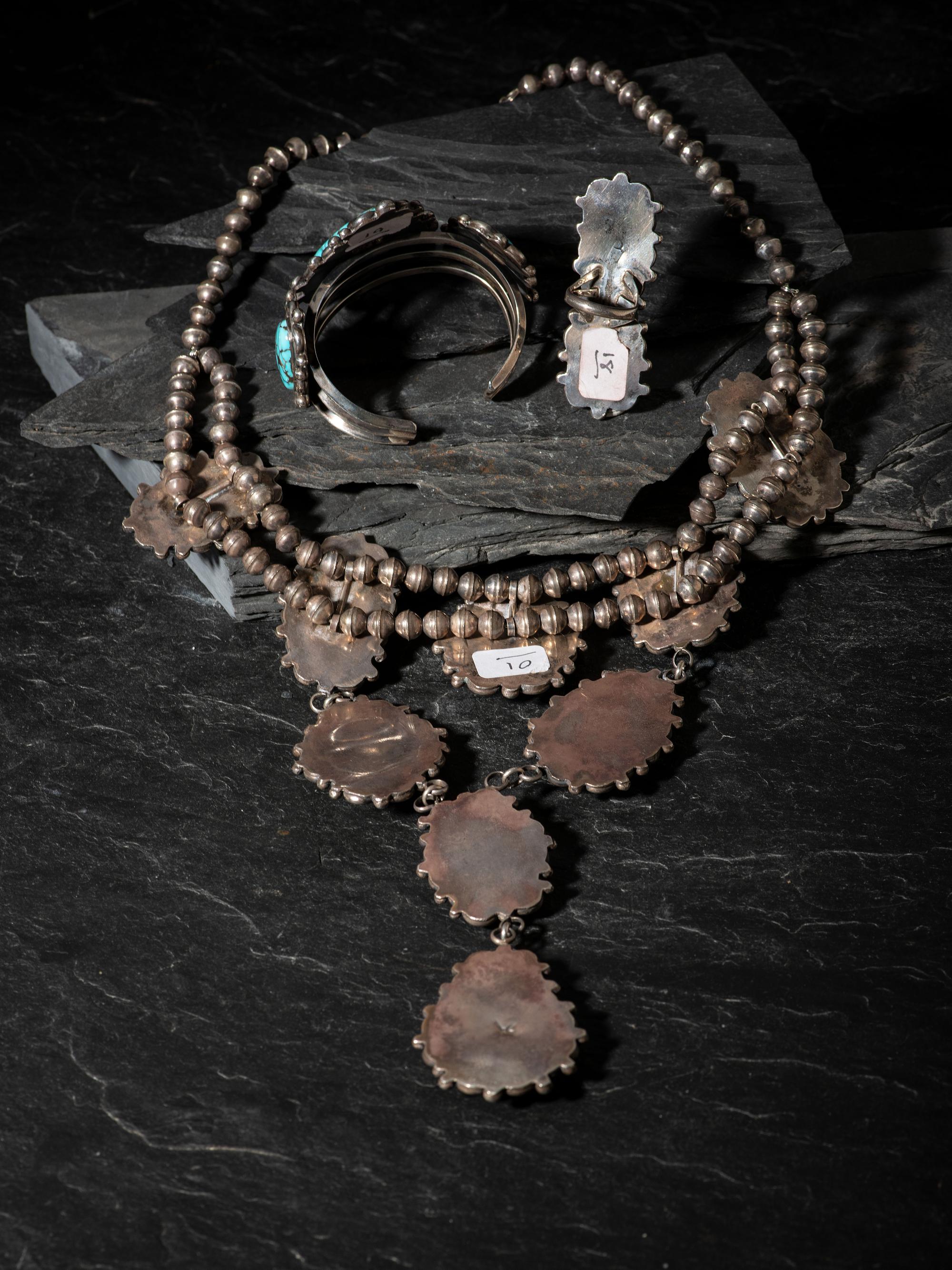 Navajo Silver and Turquoise Necklace, Cuff Bracelet, and Ring Suite