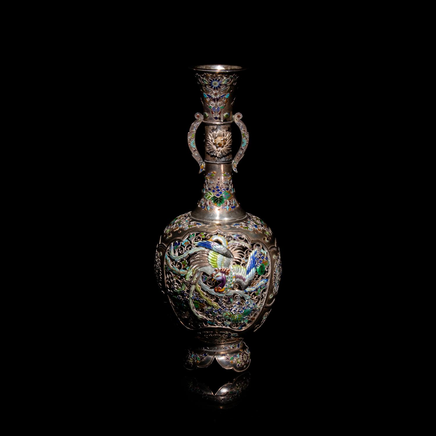 A Japanese Pierced Silver and Enamel Vase, Early 20th Century
