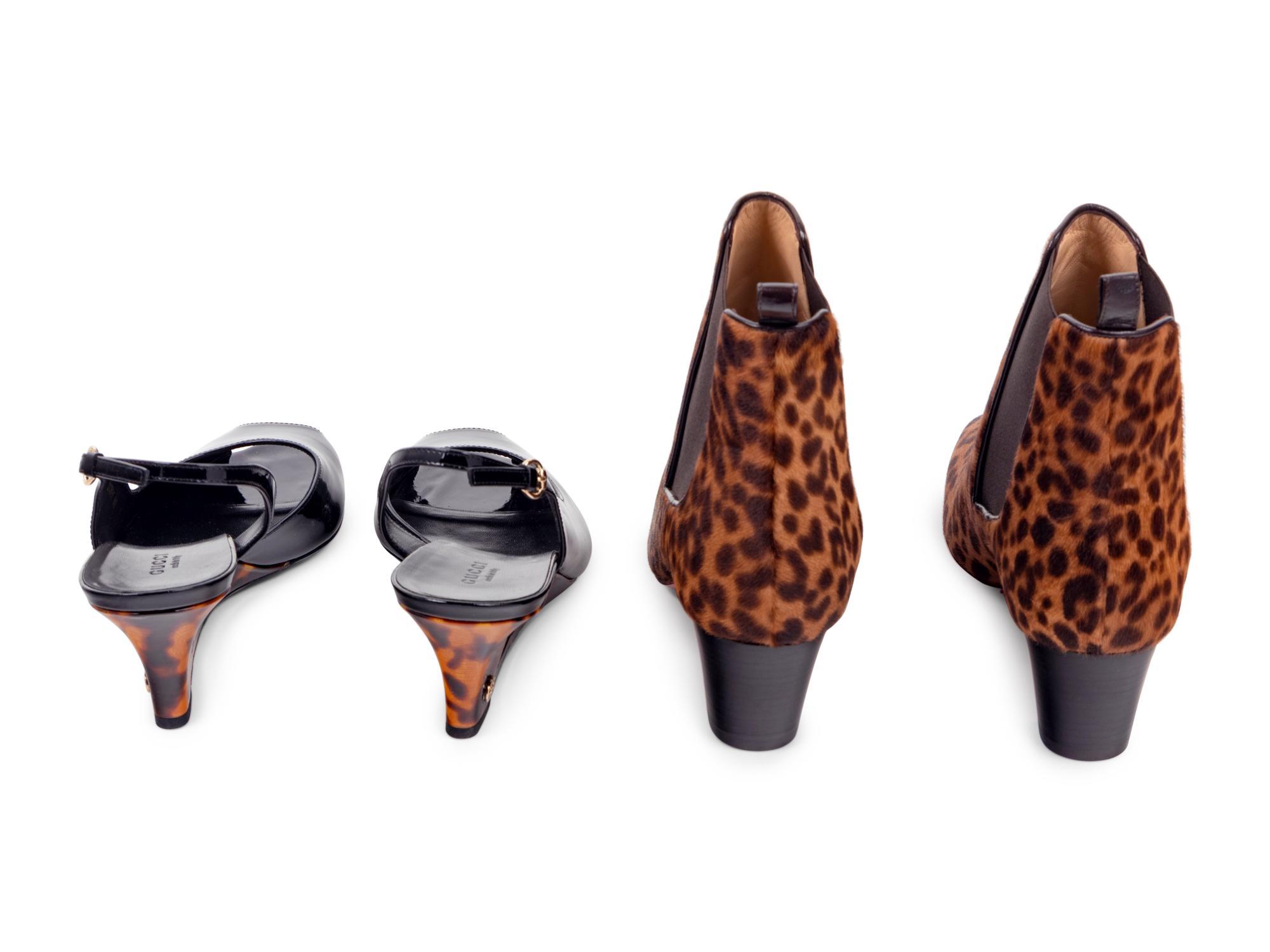Four Animal Print Pieces: One Lambertson Truex Frame Clutch Bag, One Valentino Double Flap Bag, One Pair of Gucci Sling Back Shoes, One Pair of Louboutin Boots