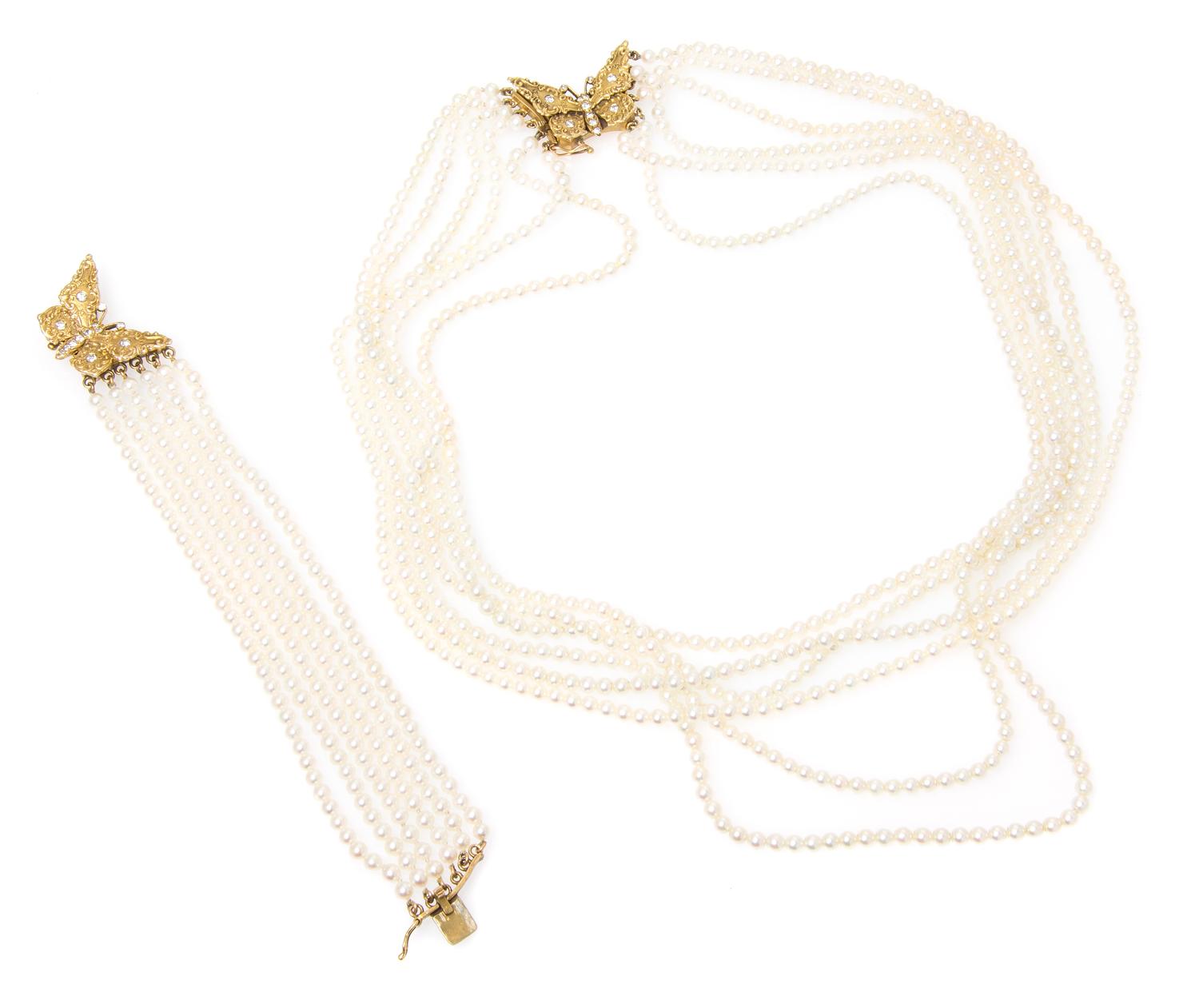 A Yellow Gold, Diamond and Cultured Pearl Demi Parure, 63.00 dwts.