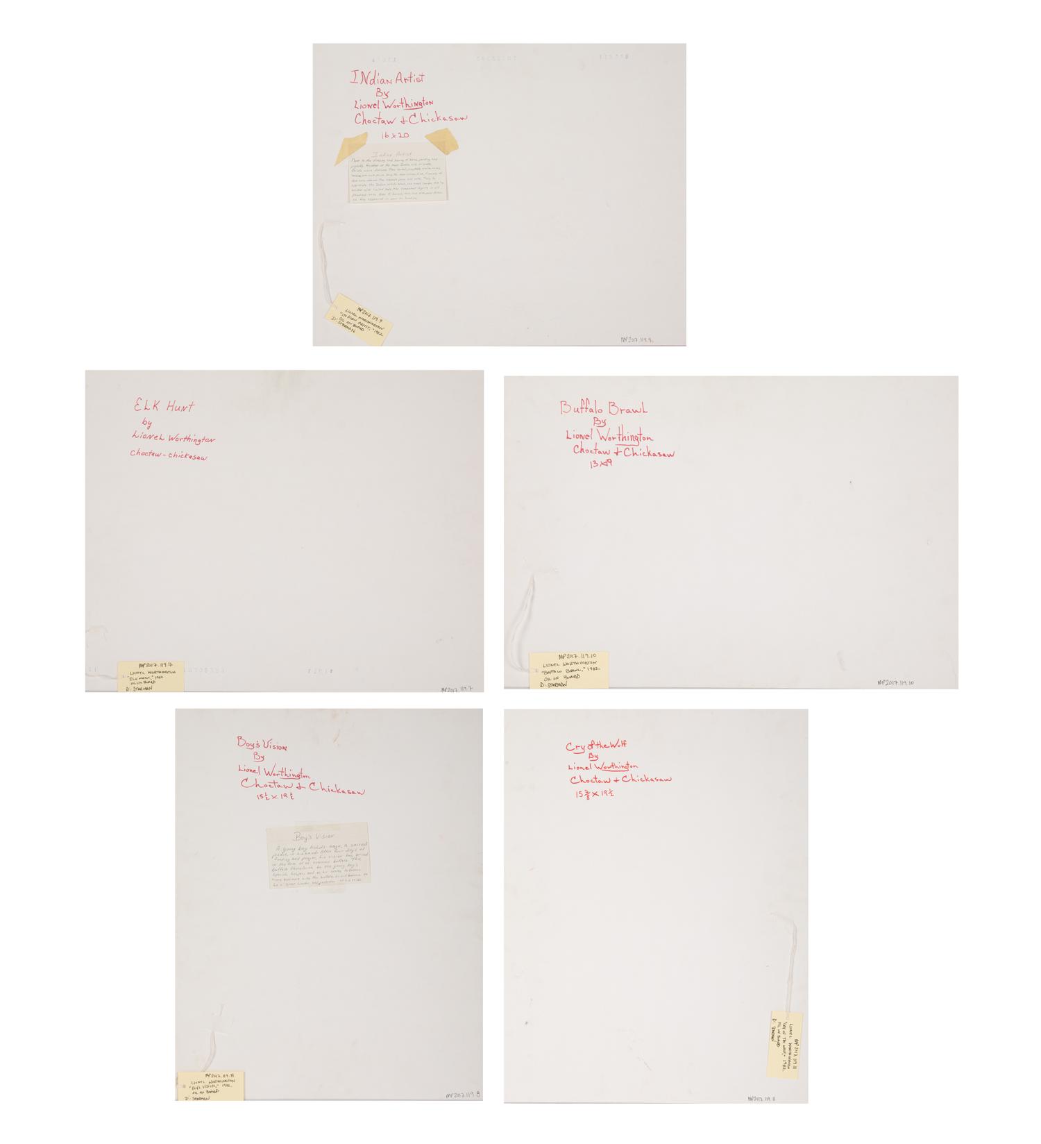 Five Works: Elk Hunt, Boy's Vision, Indian Artist , Buffalo Brawl and Cry of the Wolf