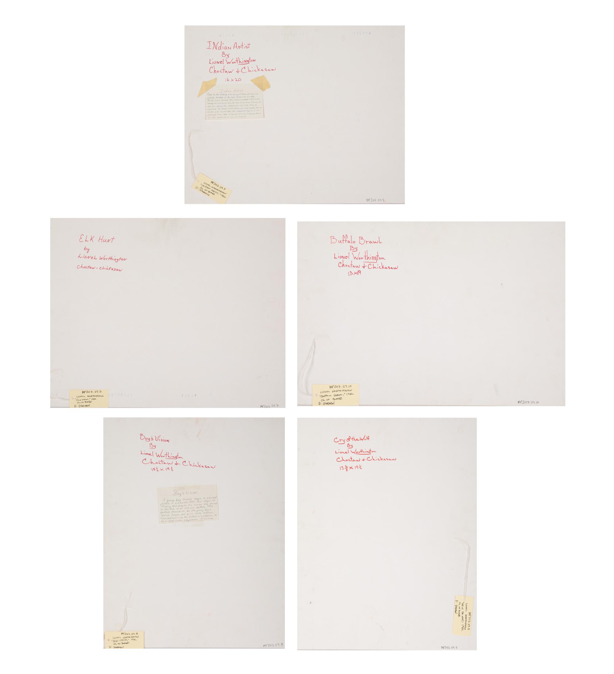 Five Works: Elk Hunt, Boy's Vision, Indian Artist , Buffalo Brawl and Cry of the Wolf