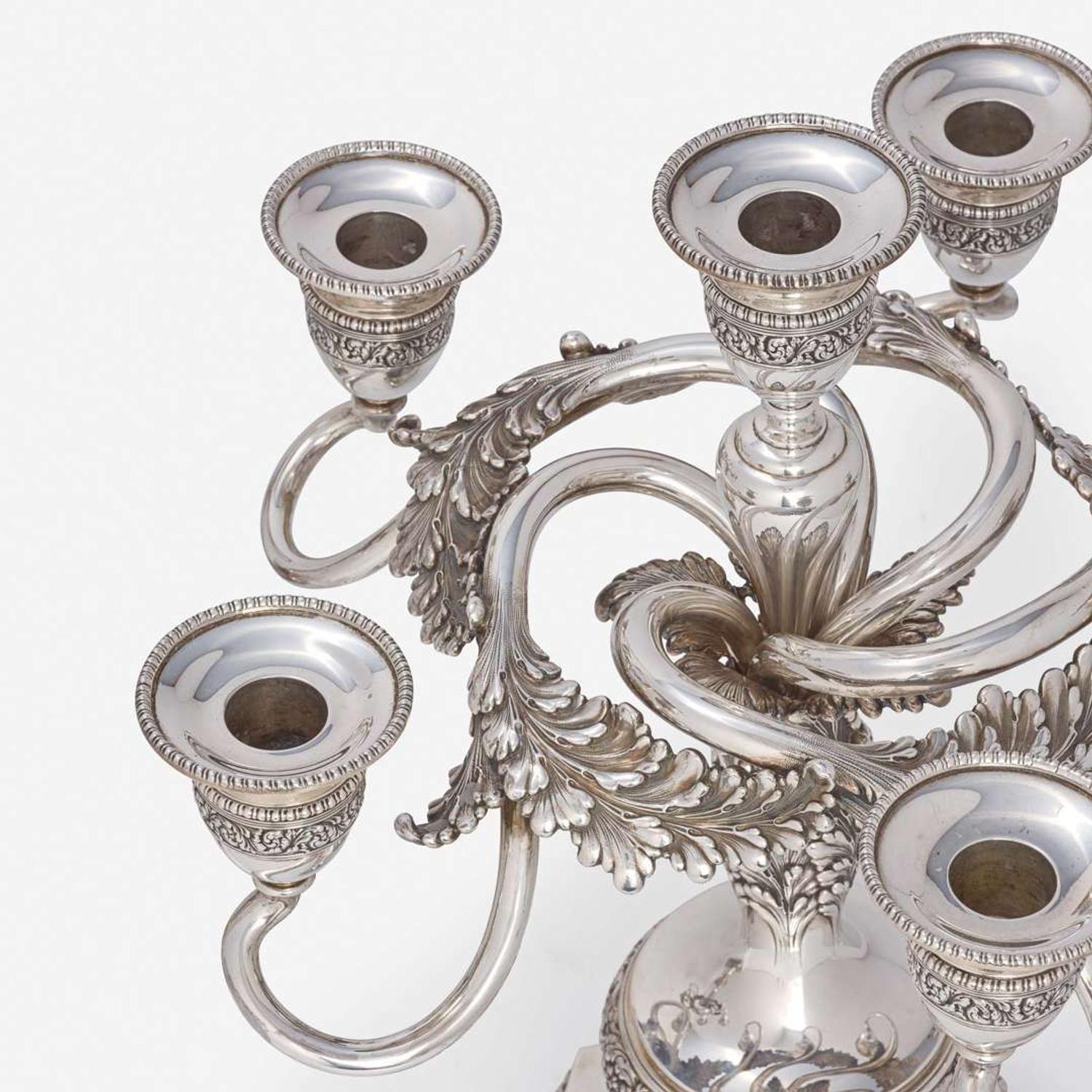 An American Pair of Sterling Silver Six-Light Candelabra Tiffany & Co., New York, 1891-1902