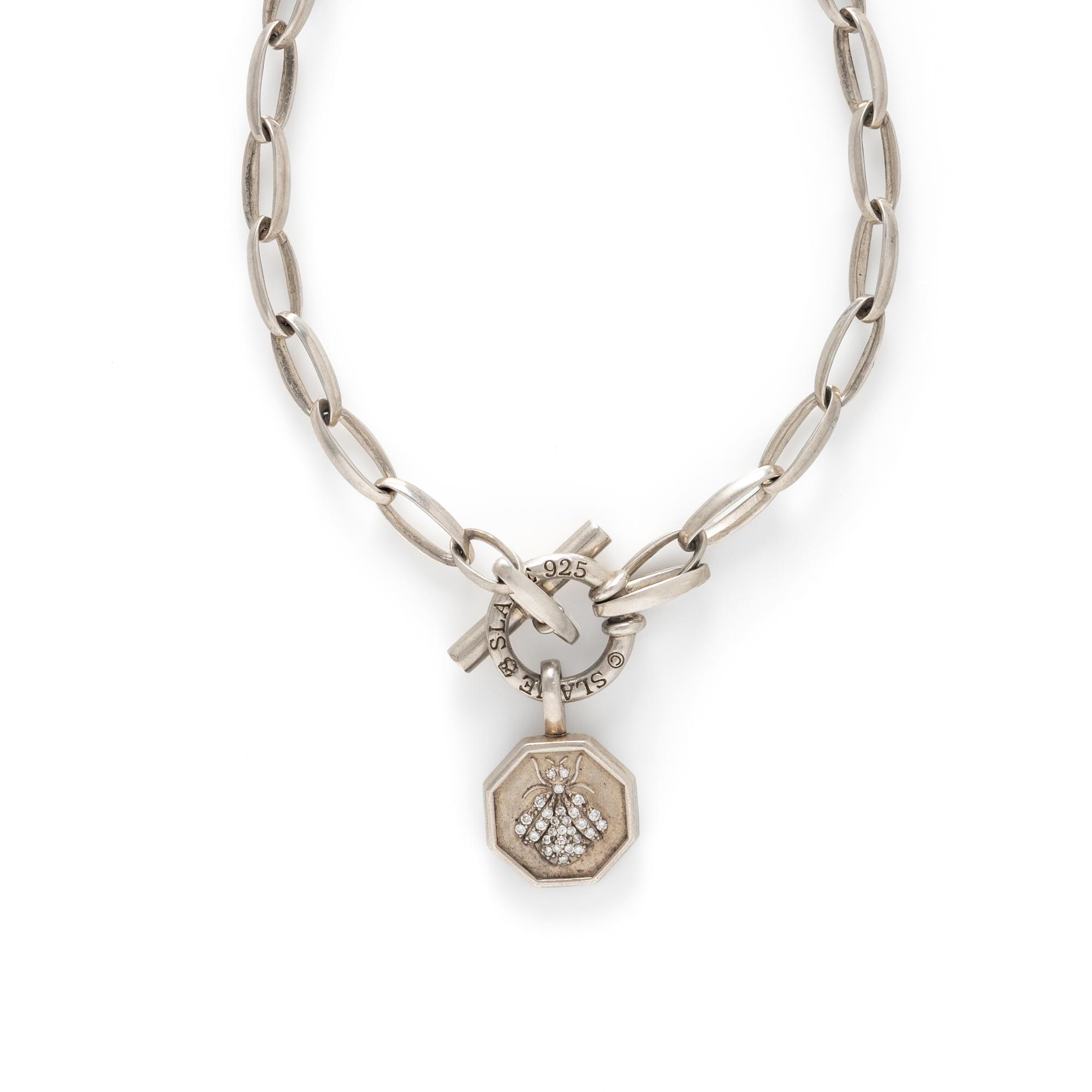 SLANE, STERLING SILVER TOGGLE CHAIN NECKLACE WITH DIAMOND INSECT PENDANT