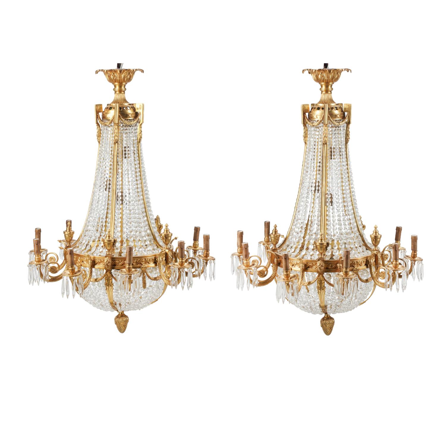 A Pair of French Neoclassical Style Gilt Bronze and Cut Glass Ten-Light Chandeliers