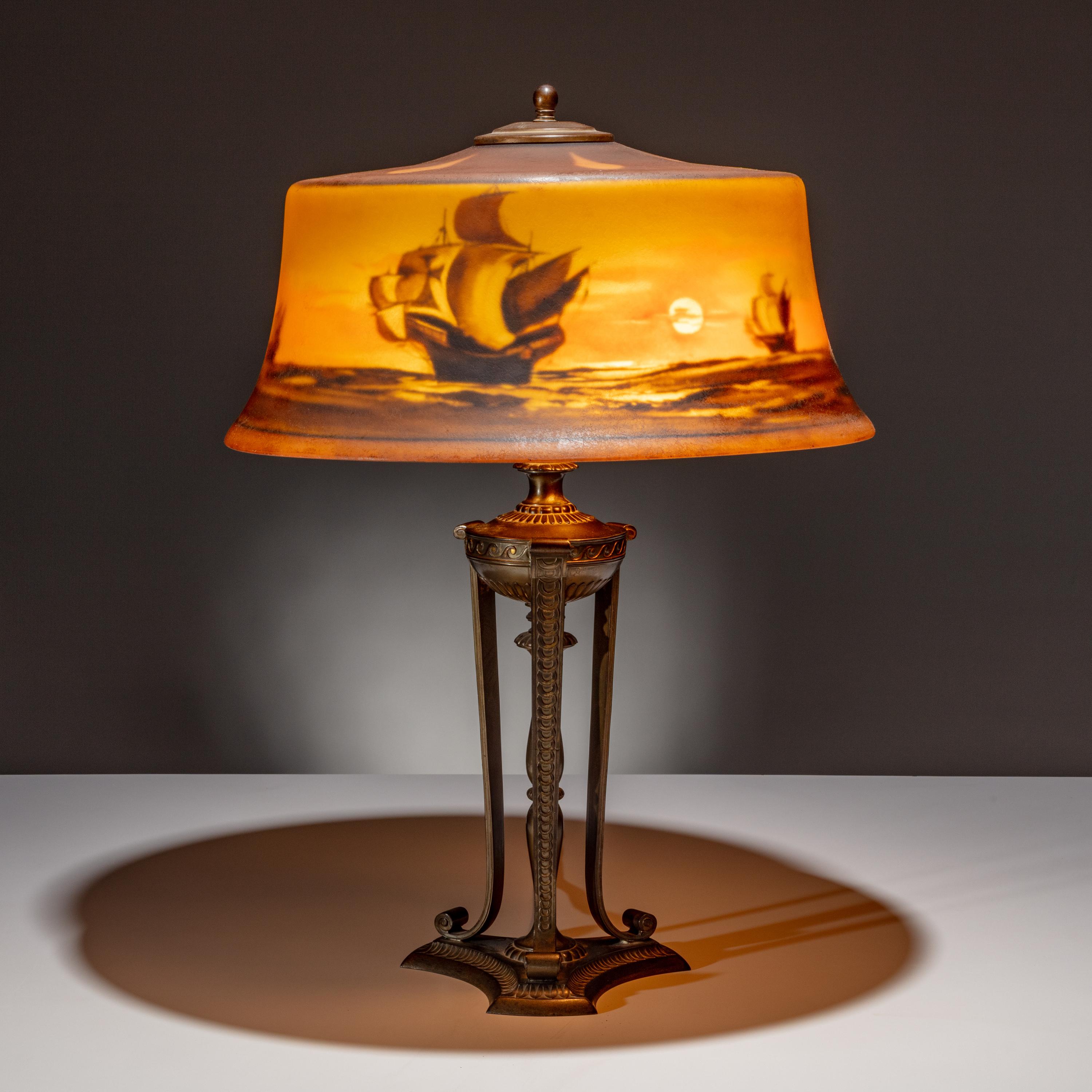 Pairpoint Corporation USA, Early 20th Century — Reverse-Painted Lamp, possibly depicting the Nina, Pinta, and Santa Maria , c. 1915